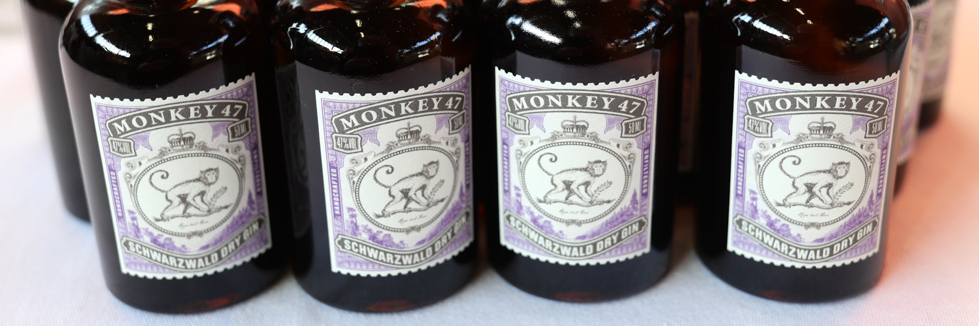 Small bottles of "Monkey 47" gin are offered at a stand at the eat&STYLE food festival in Hamburg, Germany, 11 November 2016. Germany's biggest food festival "eat&STYLE" was opened at the Hamburg "Schuppen 52". The festival offers current food trends and workshops for visitors. Photo: Christian Charisius/dpa | usage worldwide (Photo by Christian Charisius/picture alliance via Getty Images)