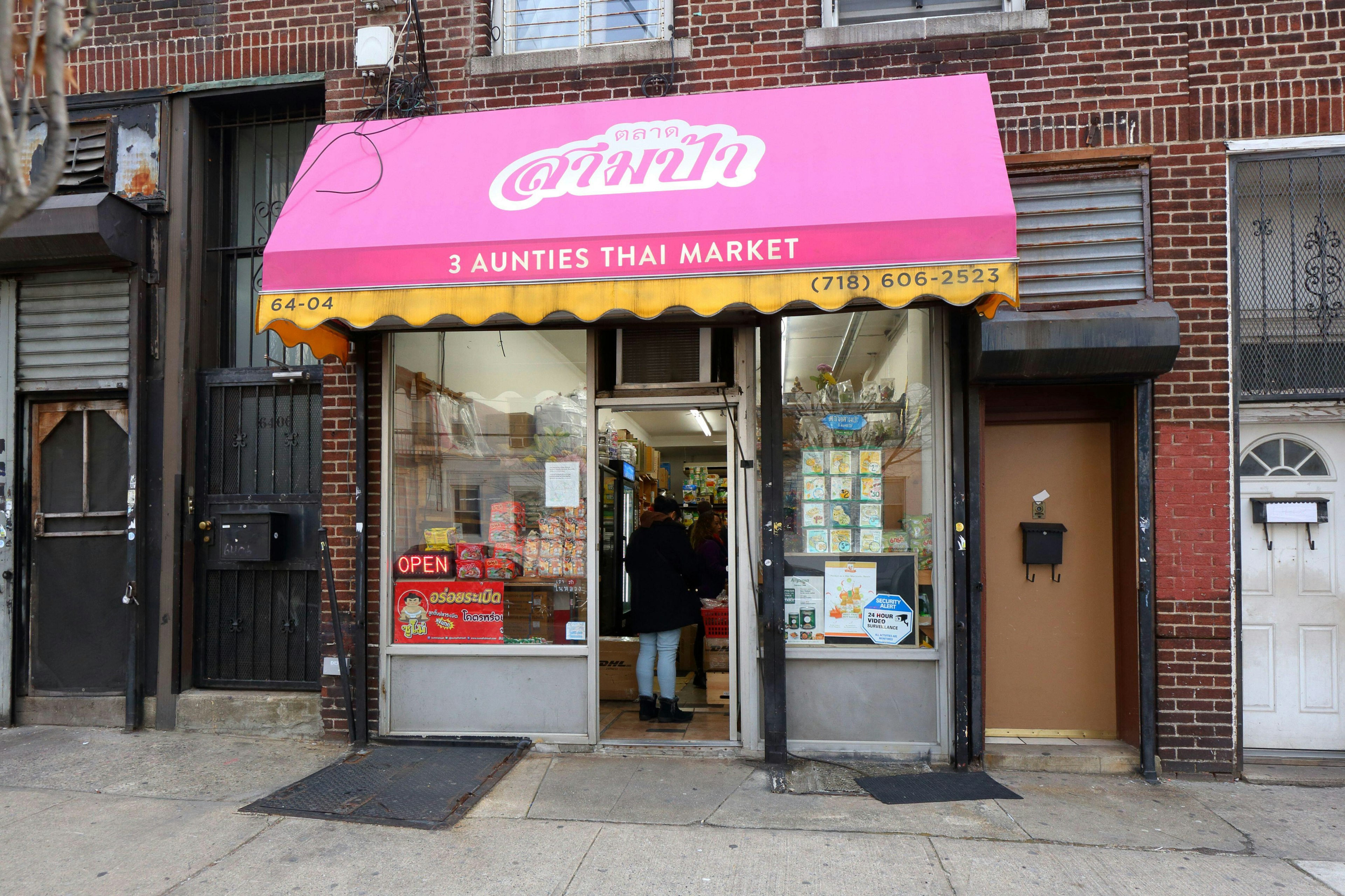 3 Aunties Thai Market, 64-04 39th Avenue, Woodside, NY. exterior storefront of a Thai grocery store in Queens.. Image shot 03/2020. Exact date unknown.