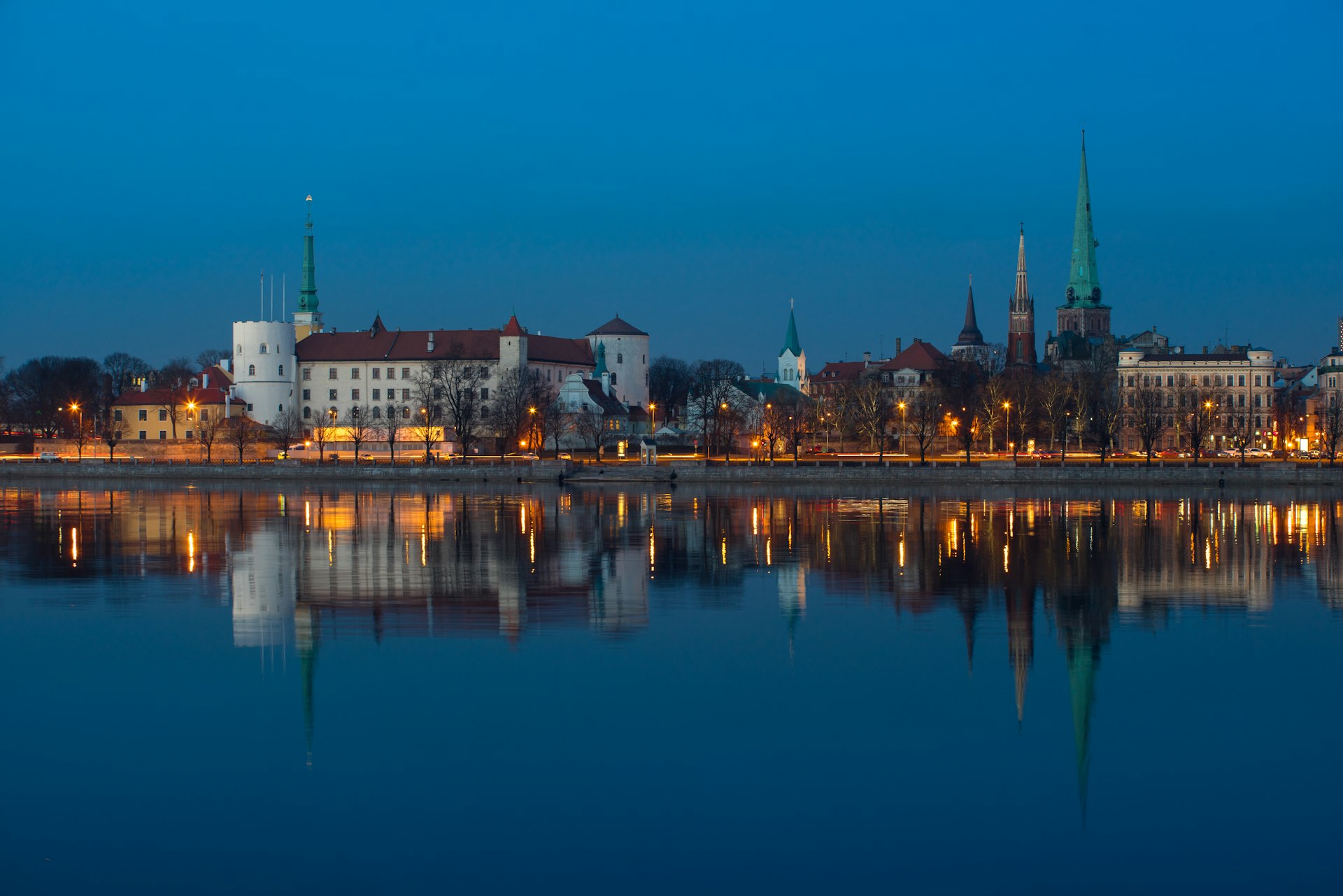 Panoramic view of old Riga in Latvia at night