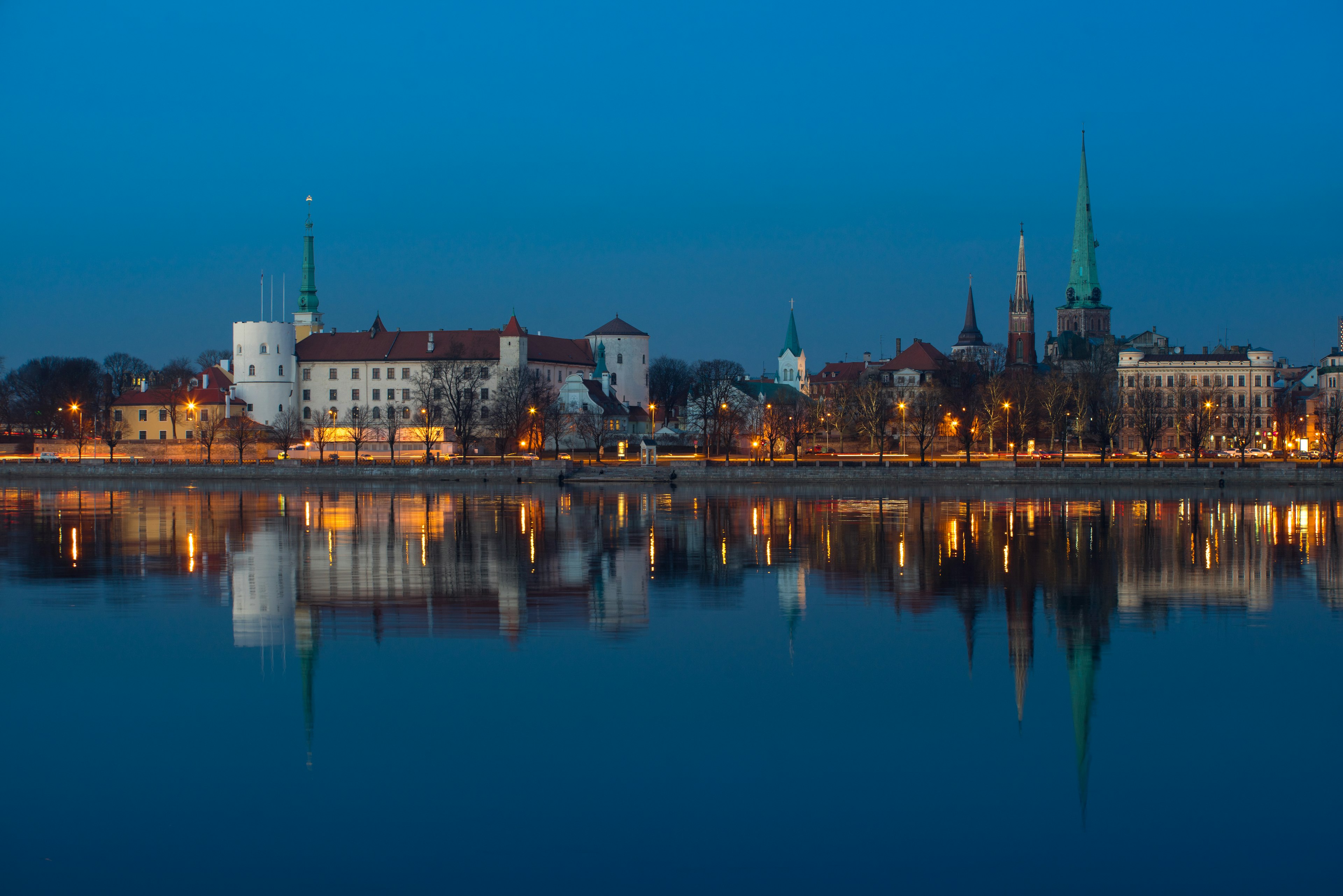 Panoramic view of old Riga in Latvia at night