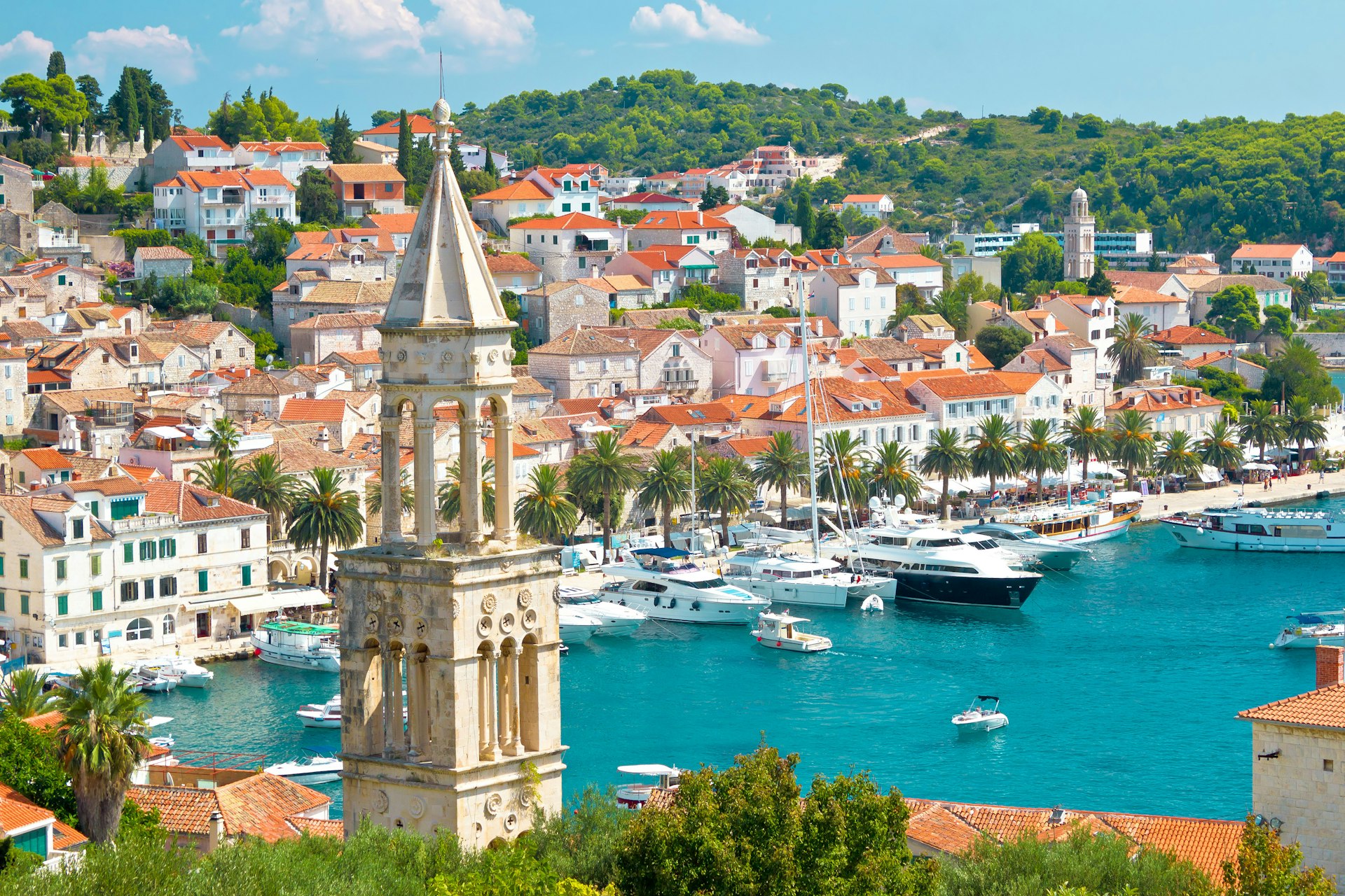 Aerial view of the harbor in Hvar Town, Croatia