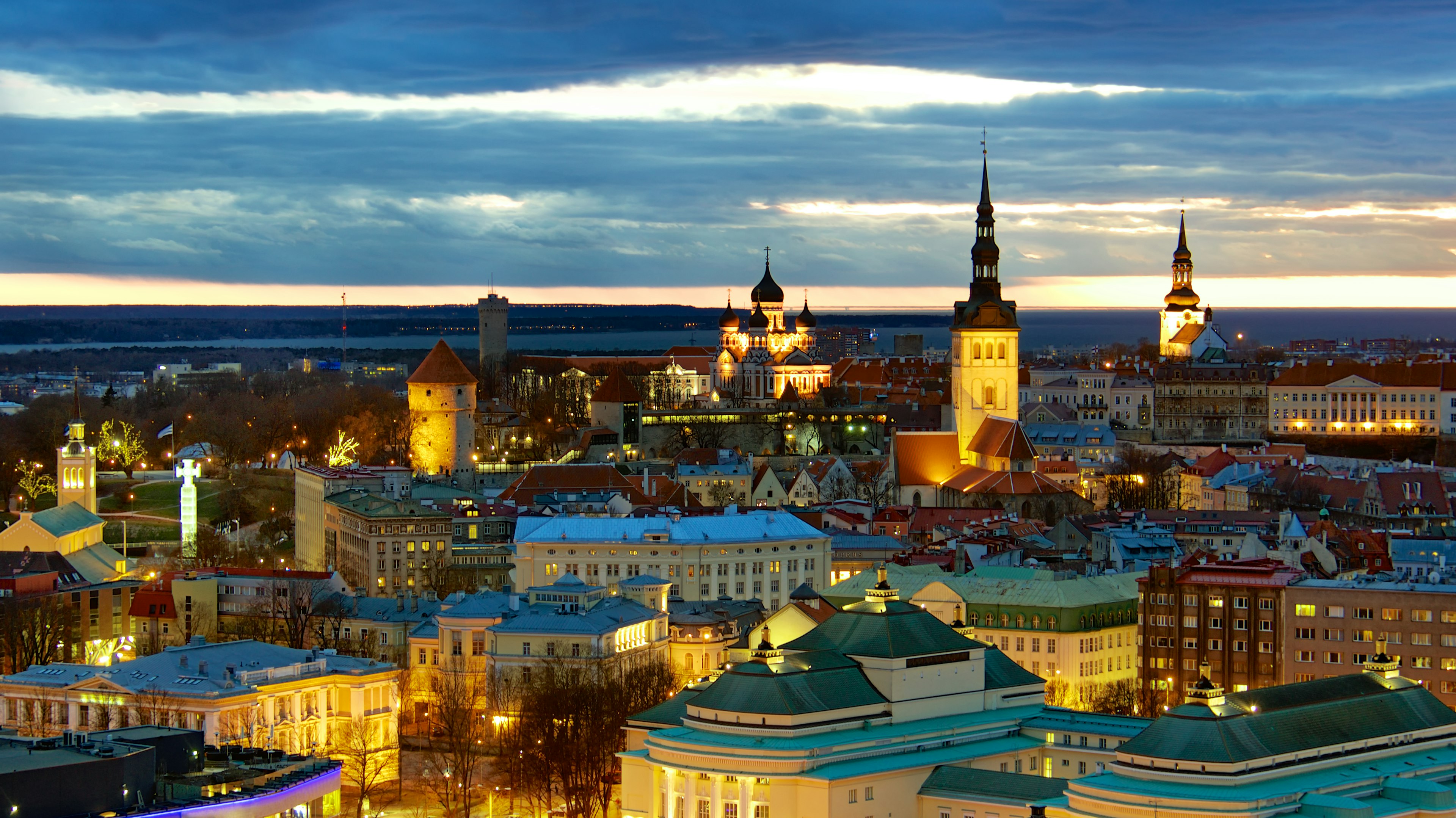 A cityscape of Tallinn in Estonia at night