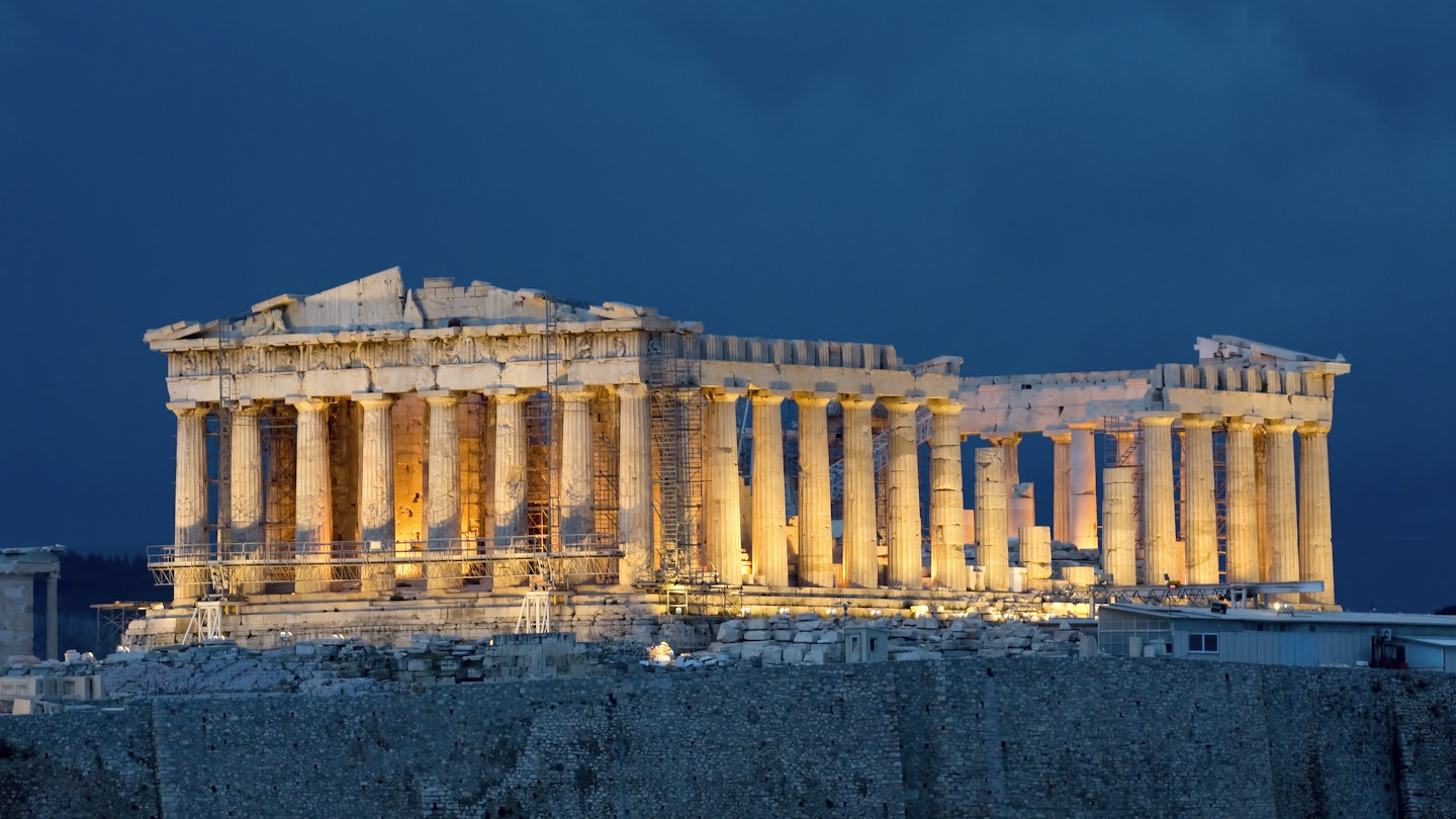 Parthenon at night on Acropolis at Athens Greece