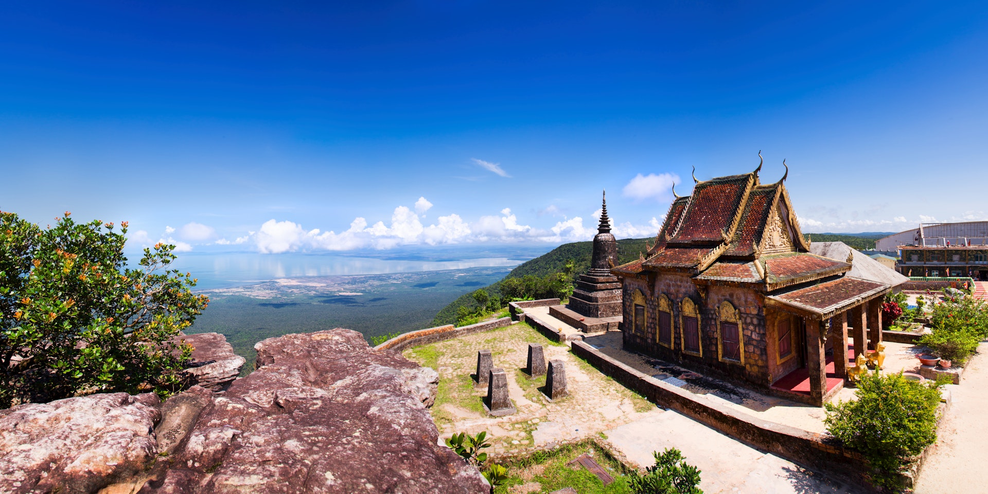 Panorama from Bokor overlooking the pagoda and southern Cambodian coast lin