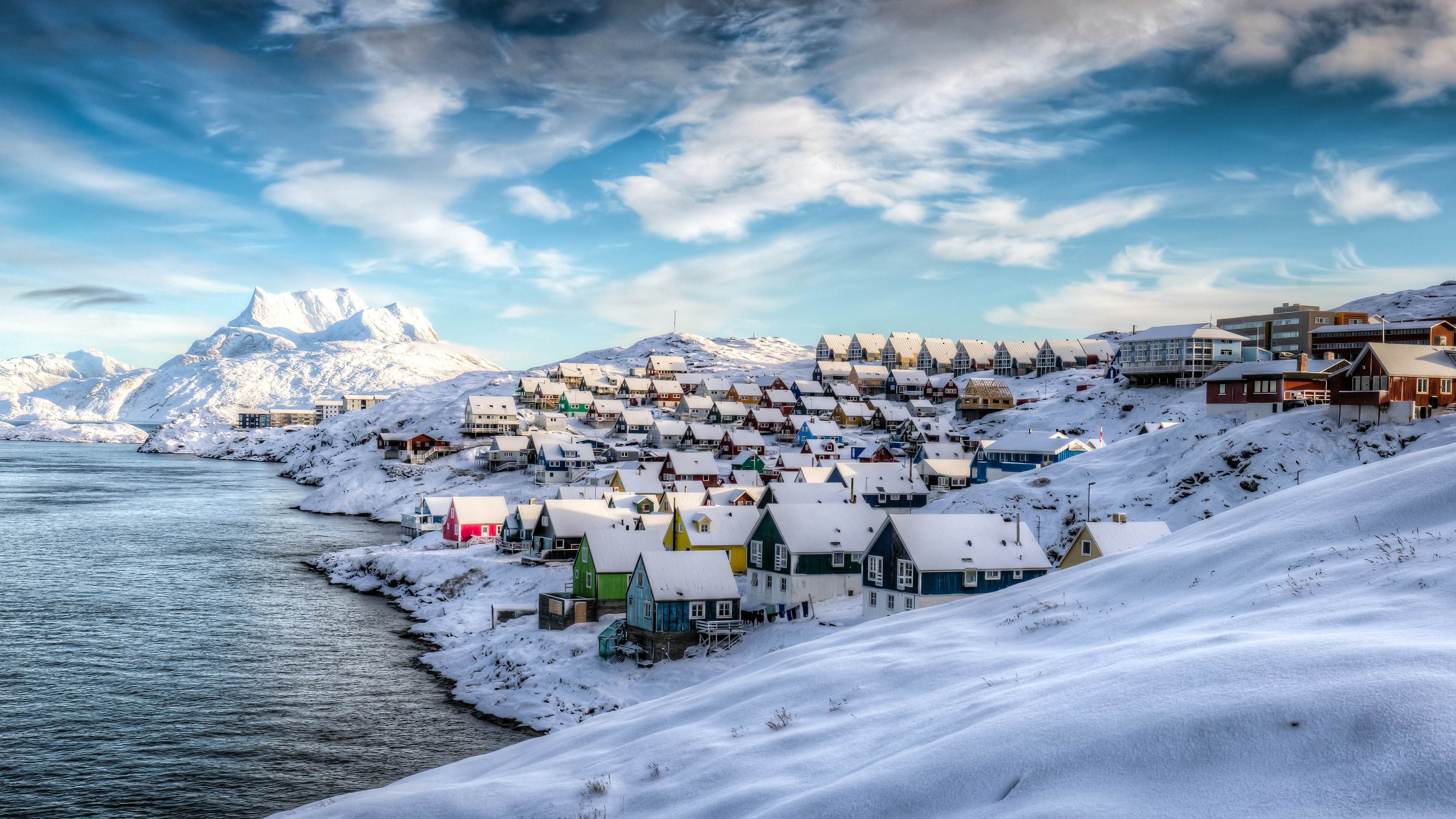 Village in Mosquito Valley, Nuuk, Greenland, during winter.