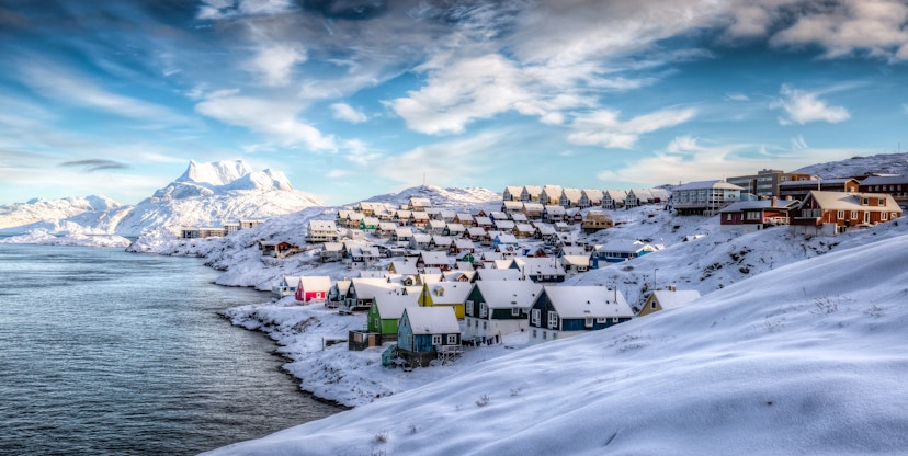 Village in Mosquito Valley, Nuuk, Greenland, during winter.