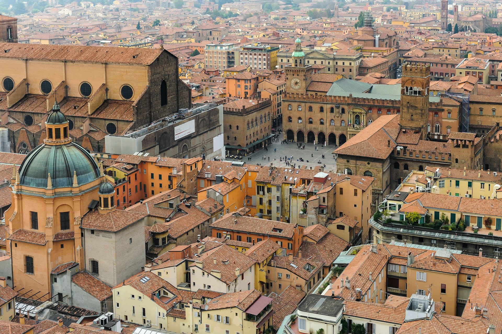 An aerial view of the old town streets of Bologna, Italy.