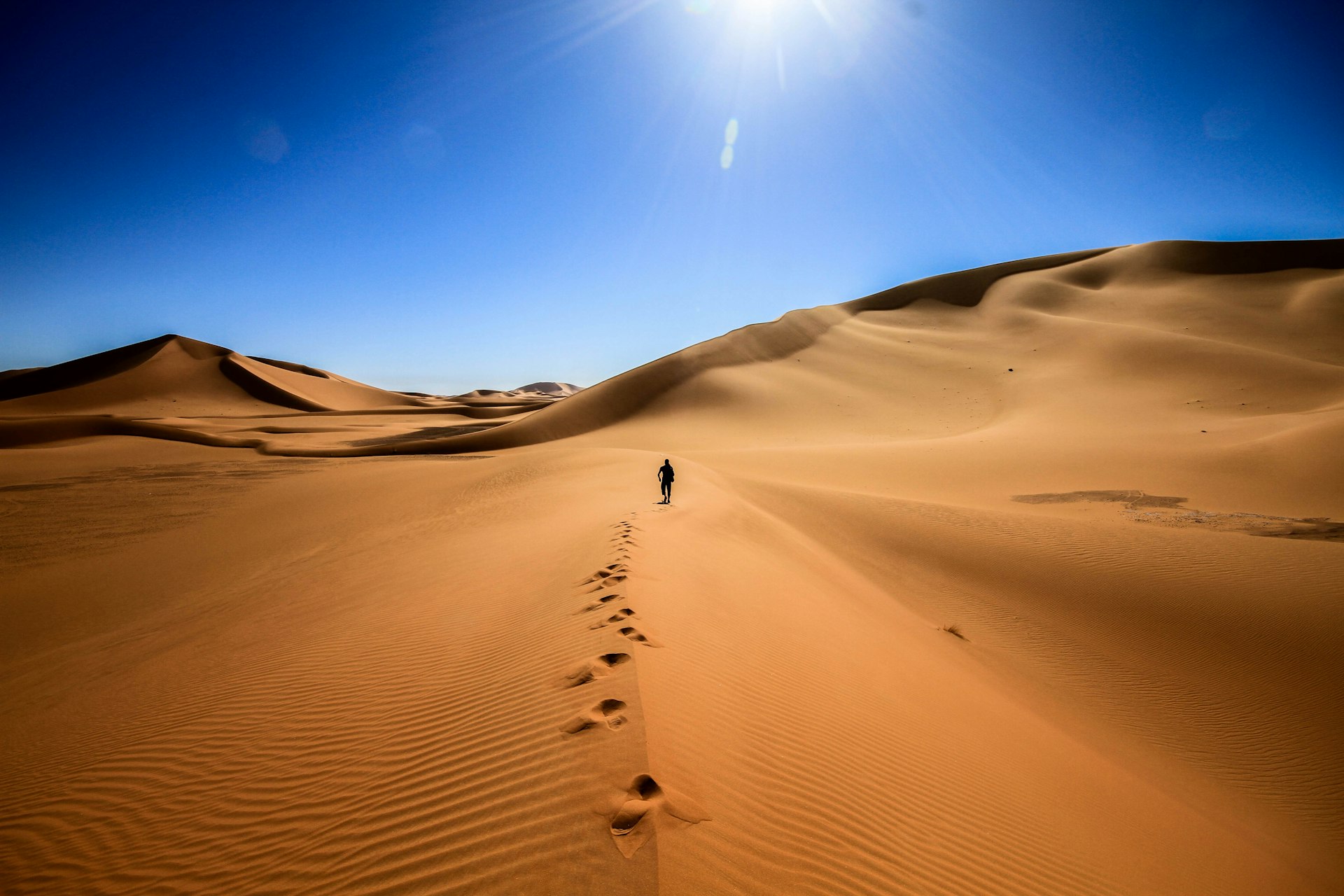 A lone figure walks through a vast sandy desert in Algeria, leaving footprints behind them.