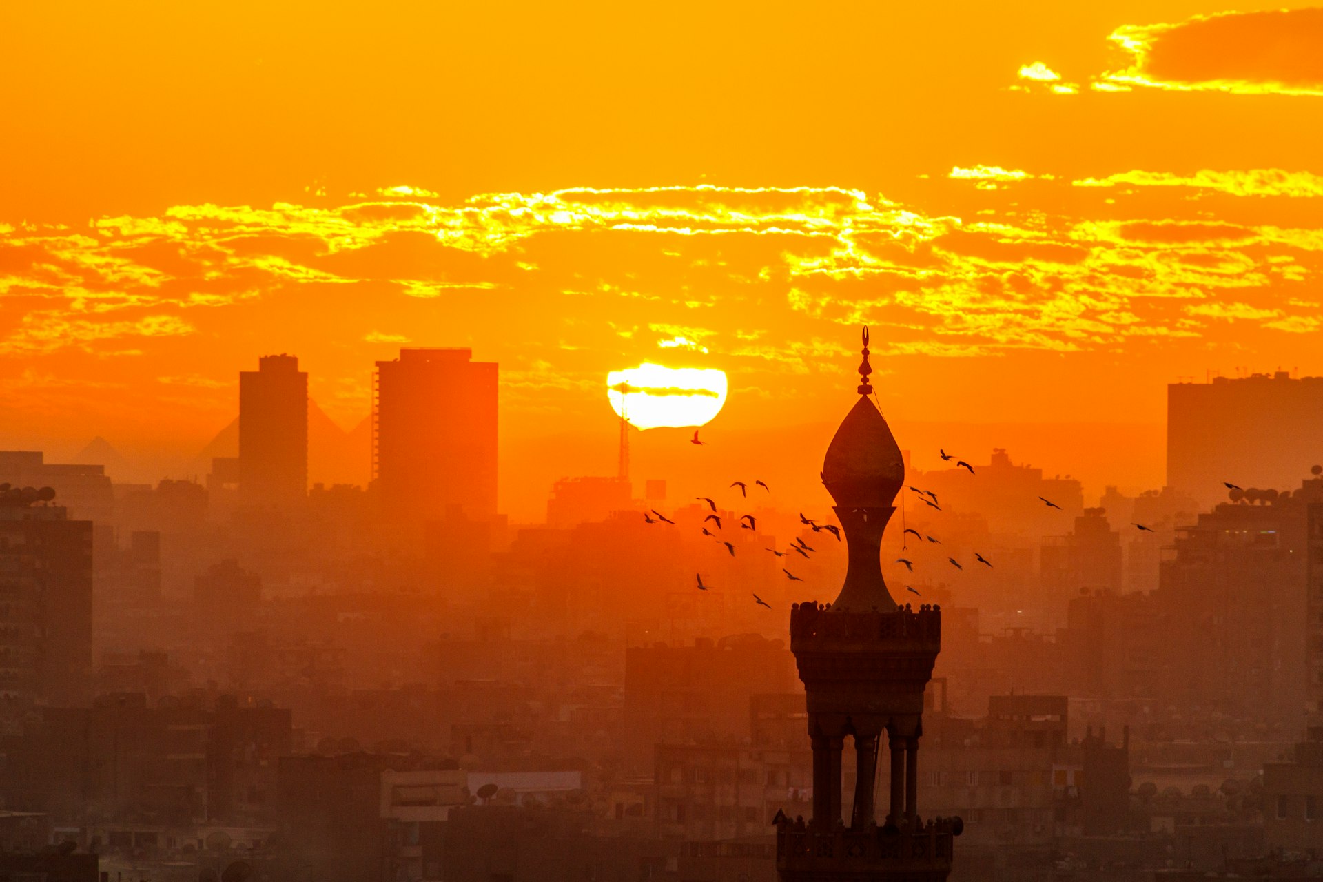 Minaret at sunset from Al Azhar Garden in Cairo, Egypt