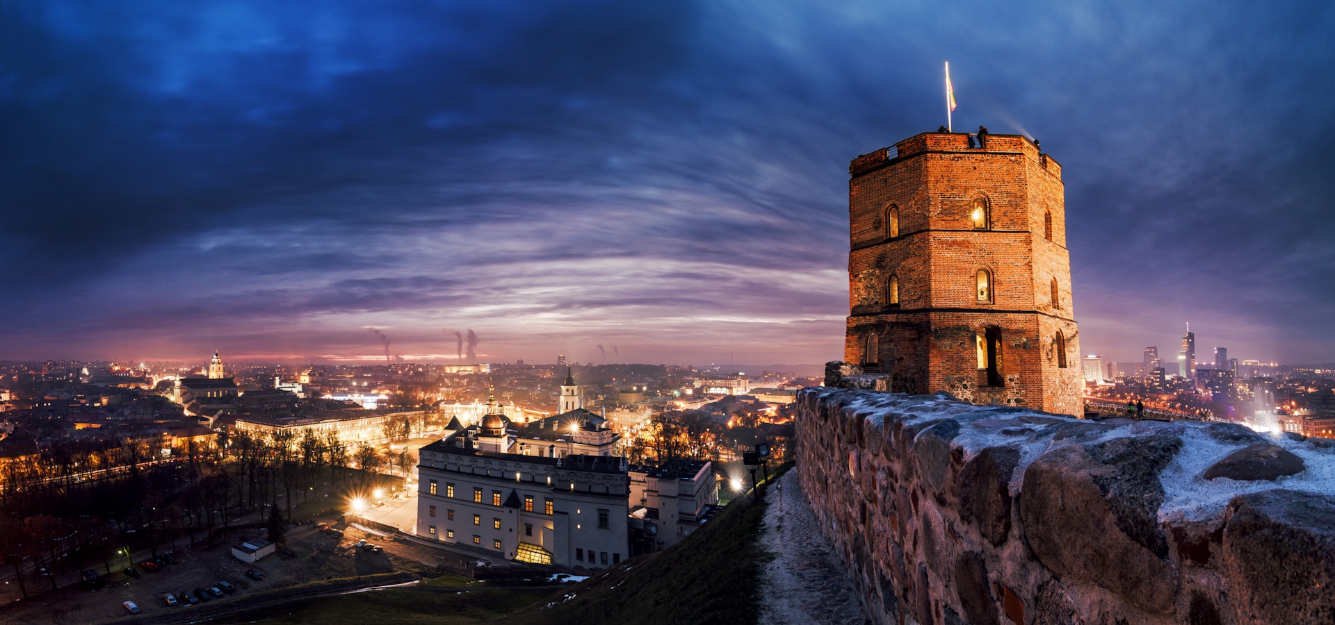 A tower in Vilnius at night