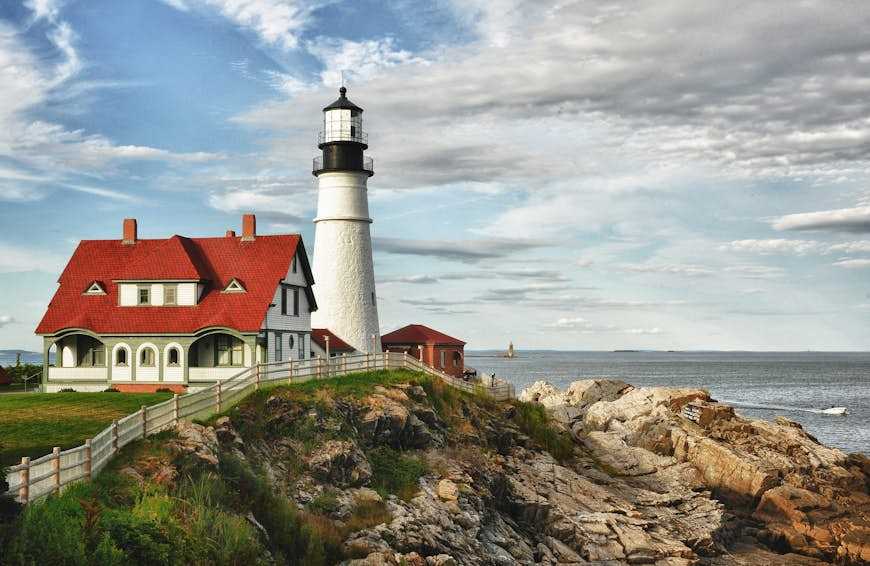 Full view of the Portland head lighthouse in Cape Elizabeth Maine