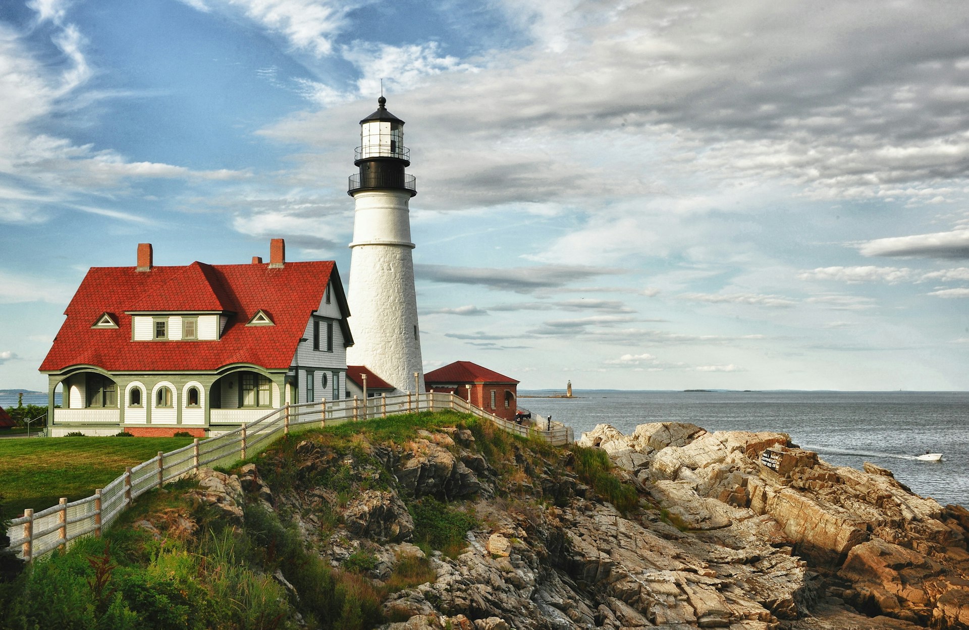 Full view of the Portland head lighthouse in Cape Elizabeth Maine