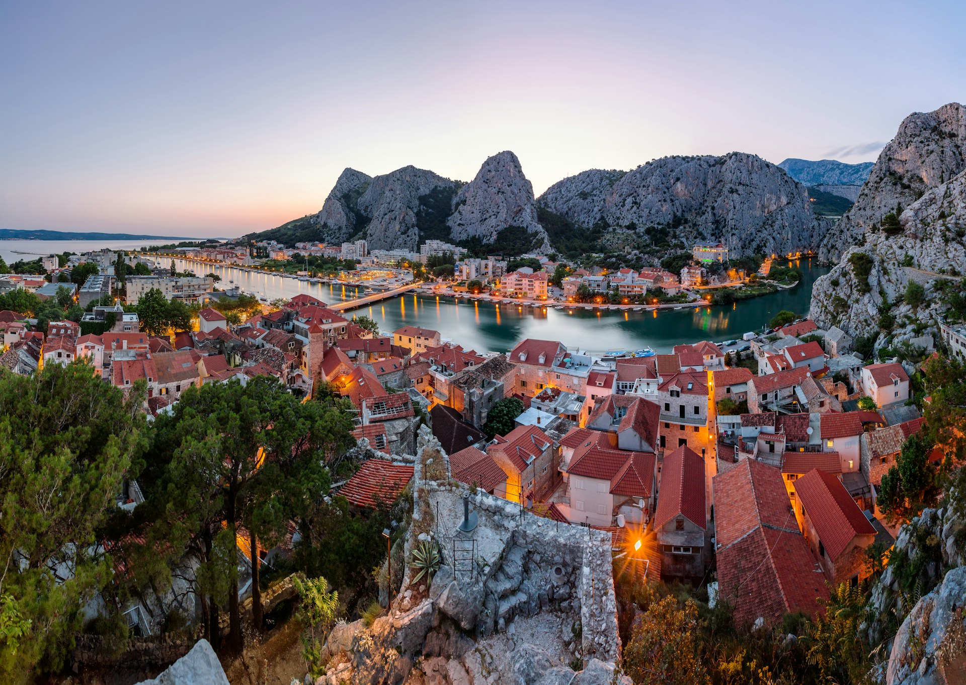 Aerial Panorama of Omis and Cetina River Gorge
