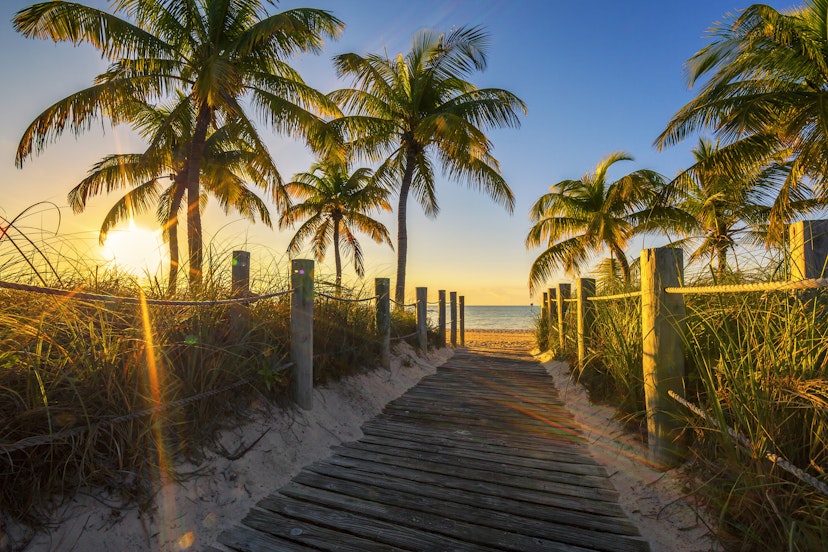Wooden overpass to beach at sunrise, Key West, Monroe County, Florida, USA