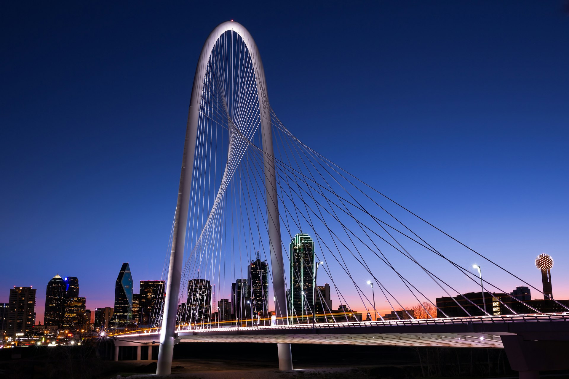 500px Photo ID: 96184399 - View of Margaret Hunt Hill Bridge at dawn with Dallas skyline in background.