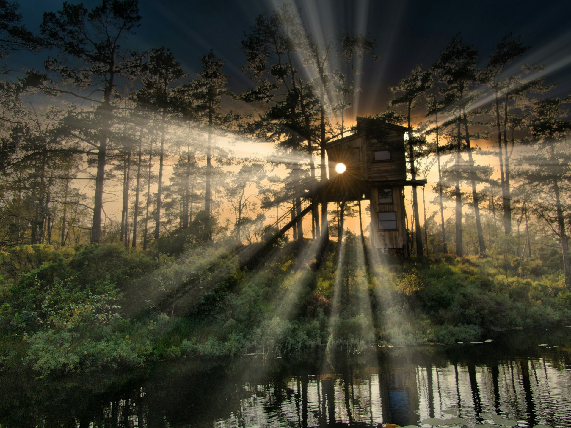 The sun shines behind the woodland, creating a silhouette of a cabin on stilts at the edge of a lake