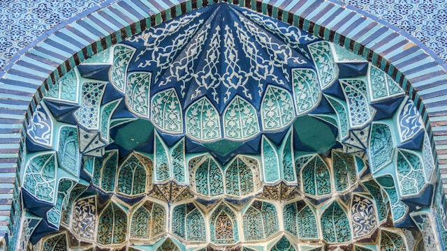 Decorative tiles of mausoleum in Shah-i-Zinda necropolis complex, Samarkand, Uzbekistan.