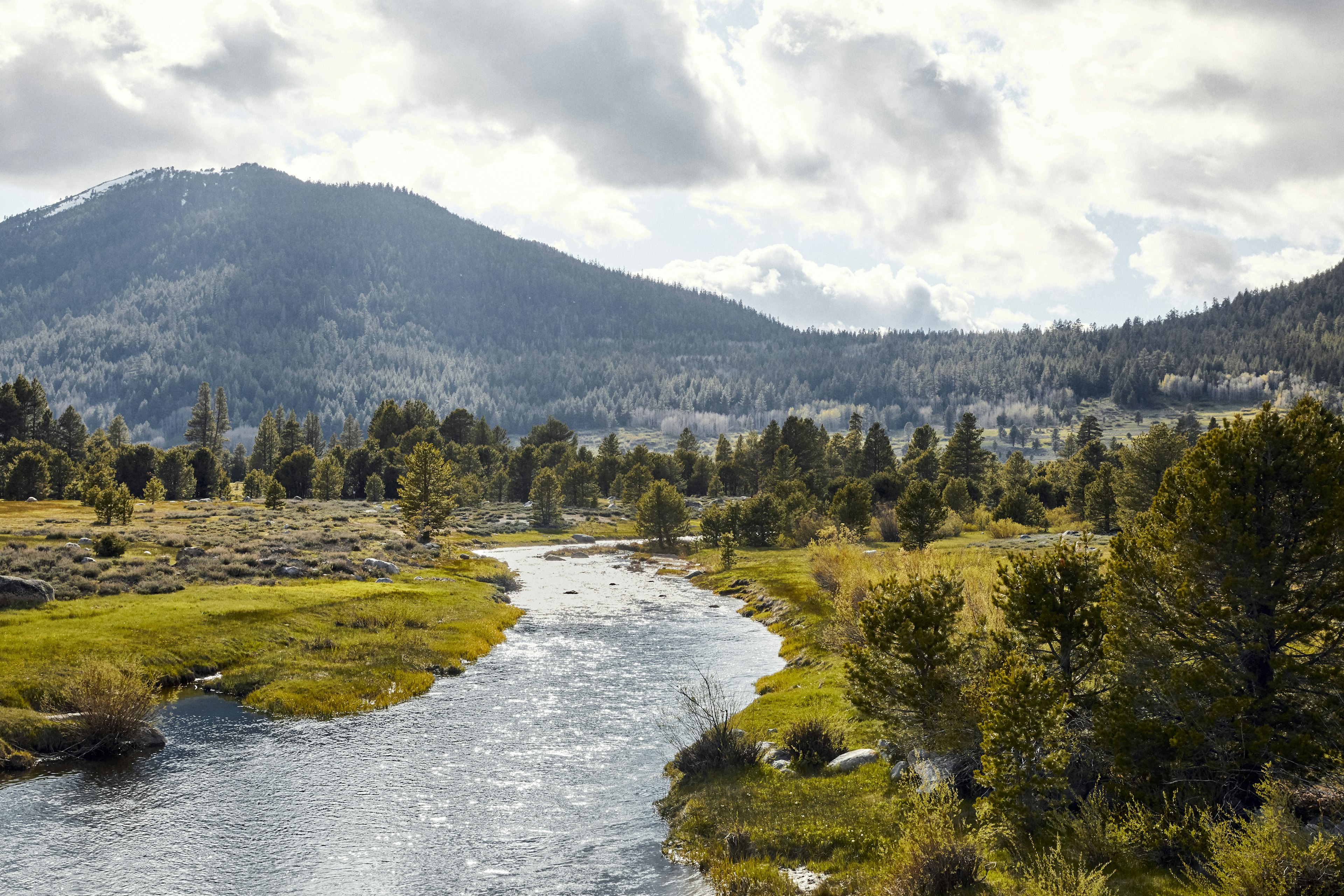 A river makes its way through a green valley with a mountain behind