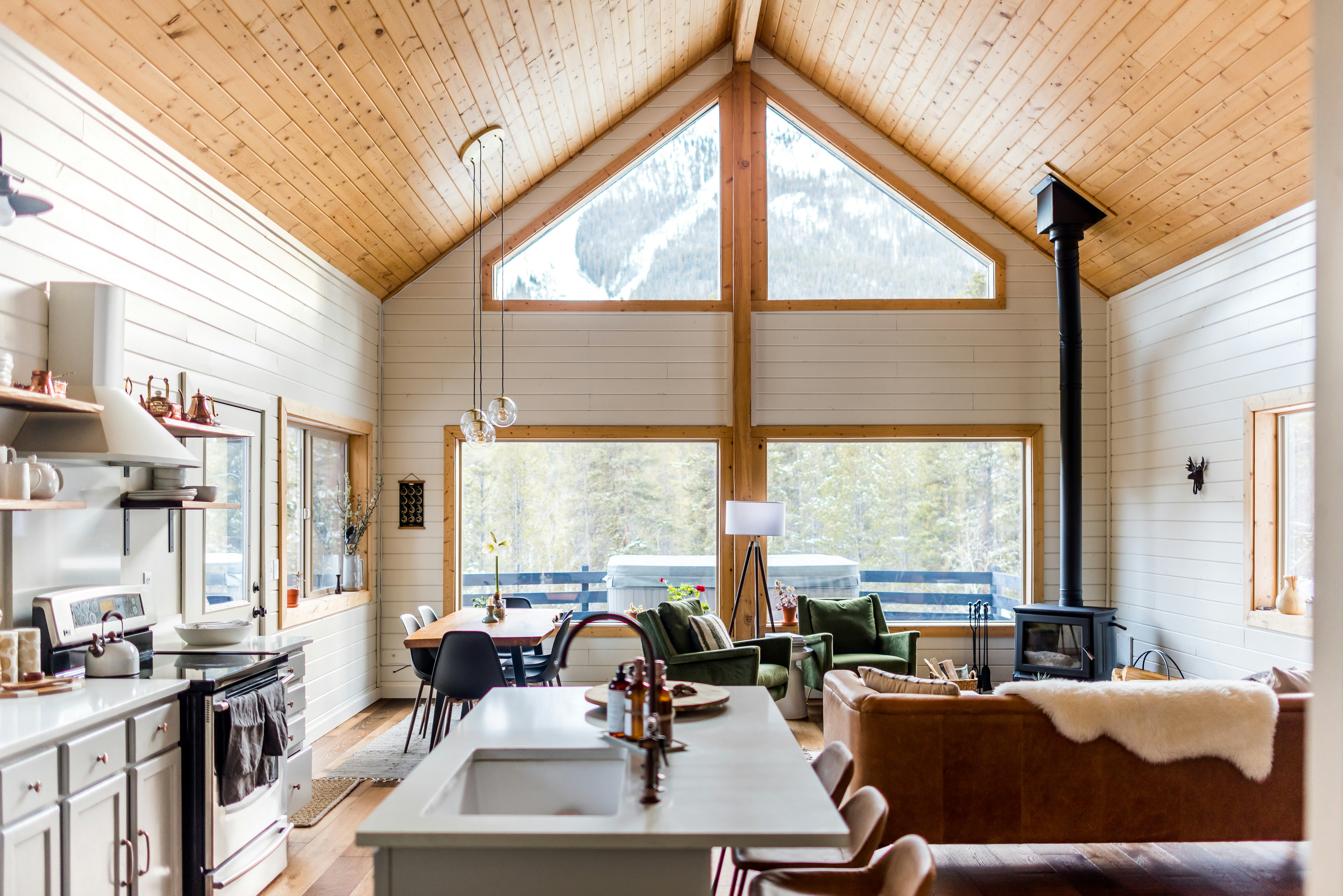 The white-walled interior of Alpenglow cabin in Colorado