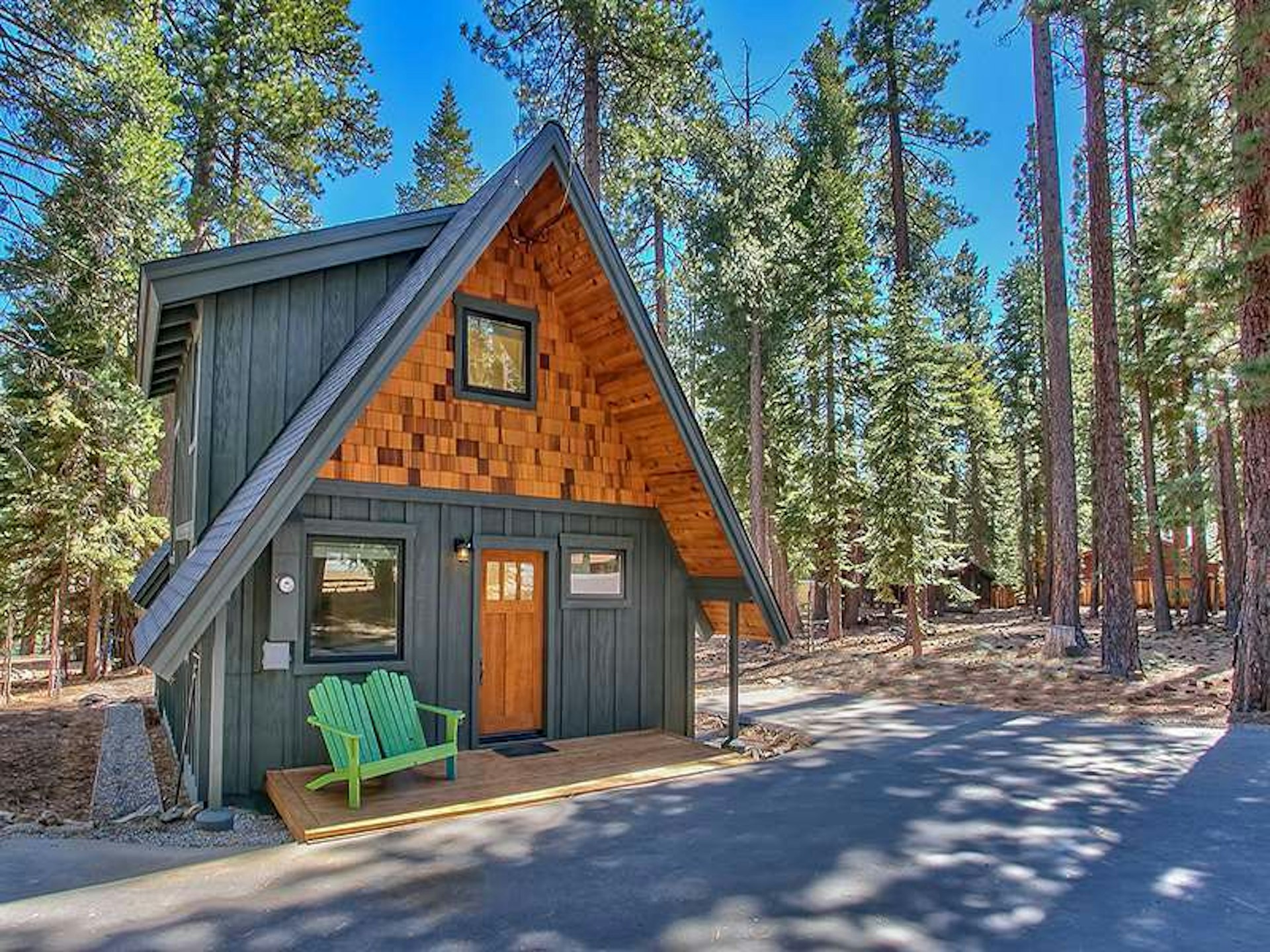 The exterior of a modern A-frame cabin near Lake Tahoe, California