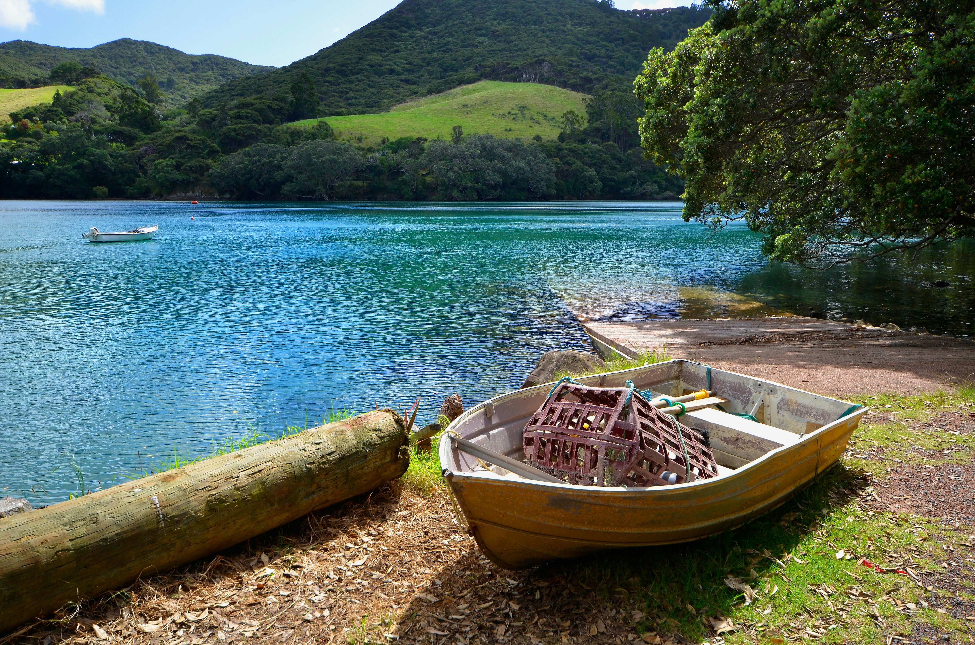 Rowing Boat at Port Fitzroy Wharf, Great Barrier Island, Hauraki Gulf, New Zealand. Image shot 03/2012. Exact date unknown.