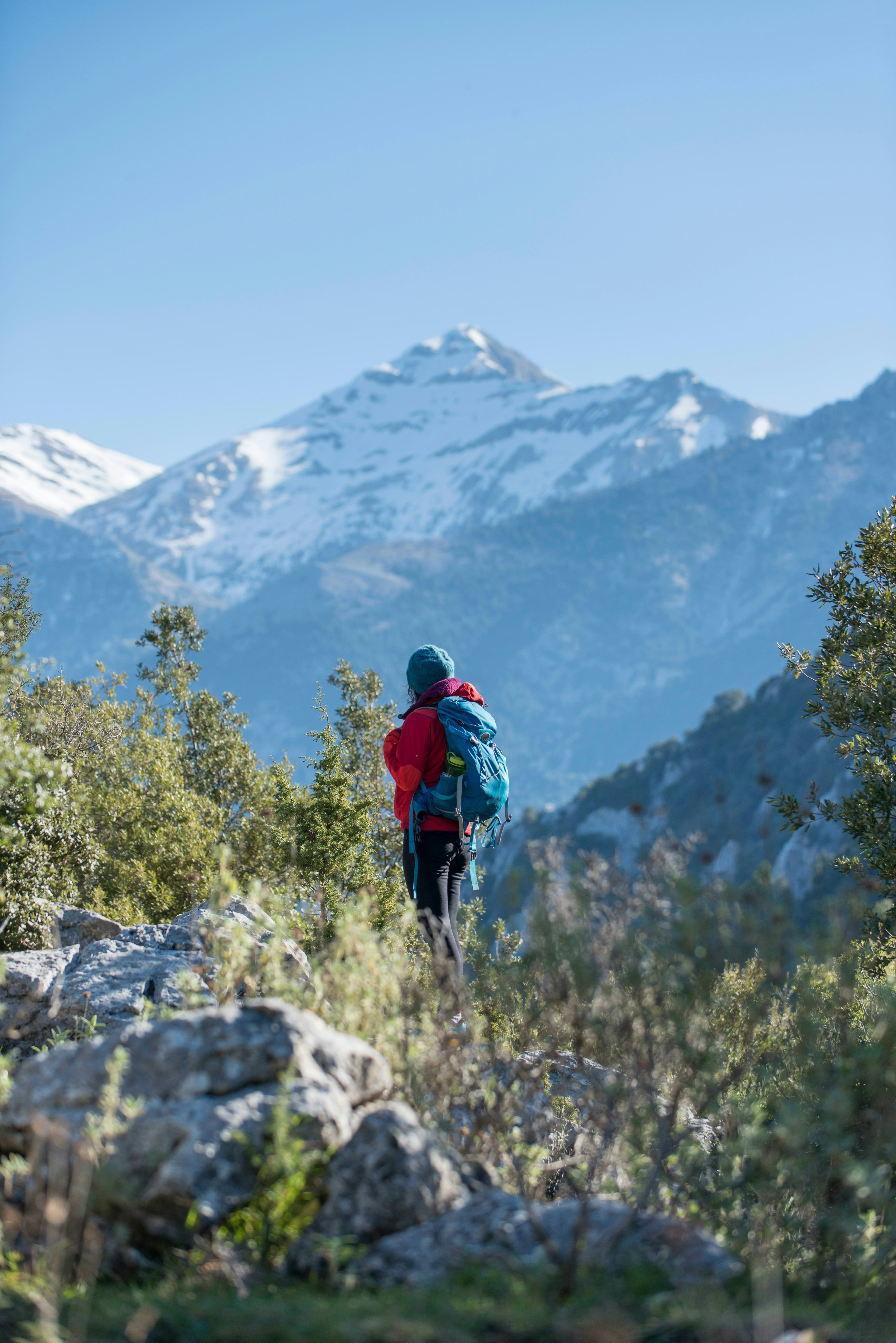 A woman trekking in the Taygetos mountains on the Mani peninsula in the Peloponnese in Greece.