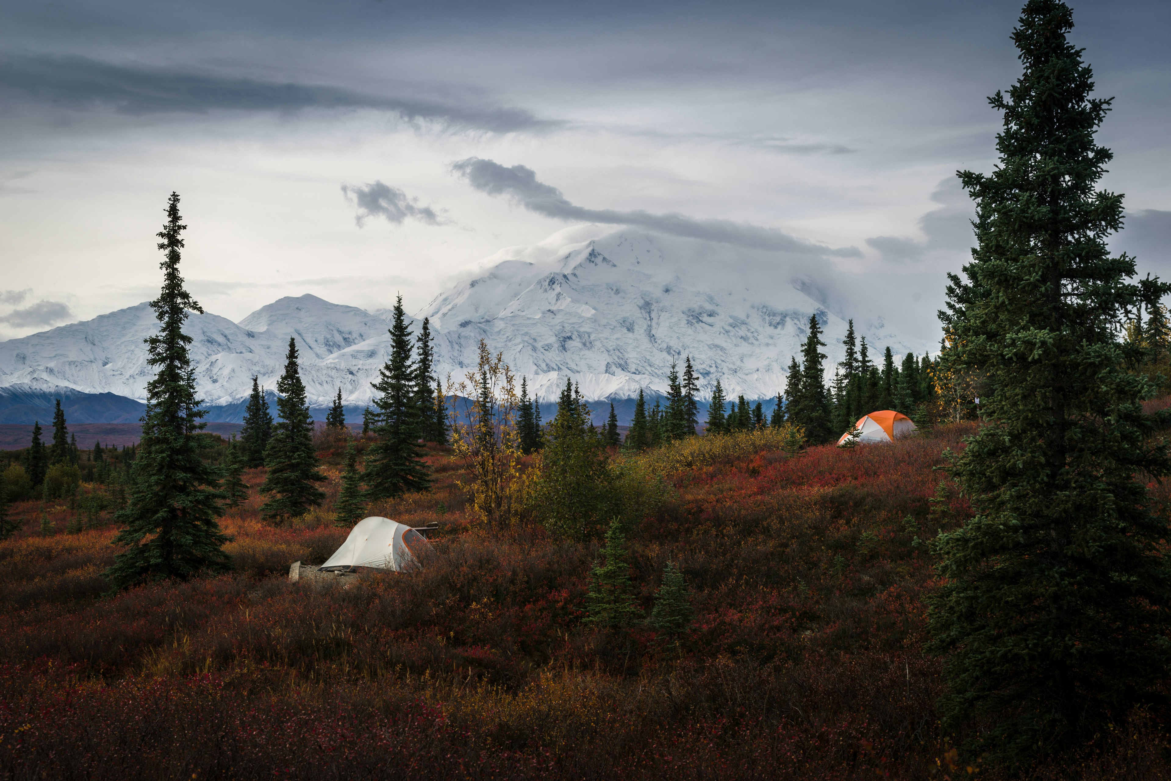 A large snow-capped mountain looms over a landscape with two tents