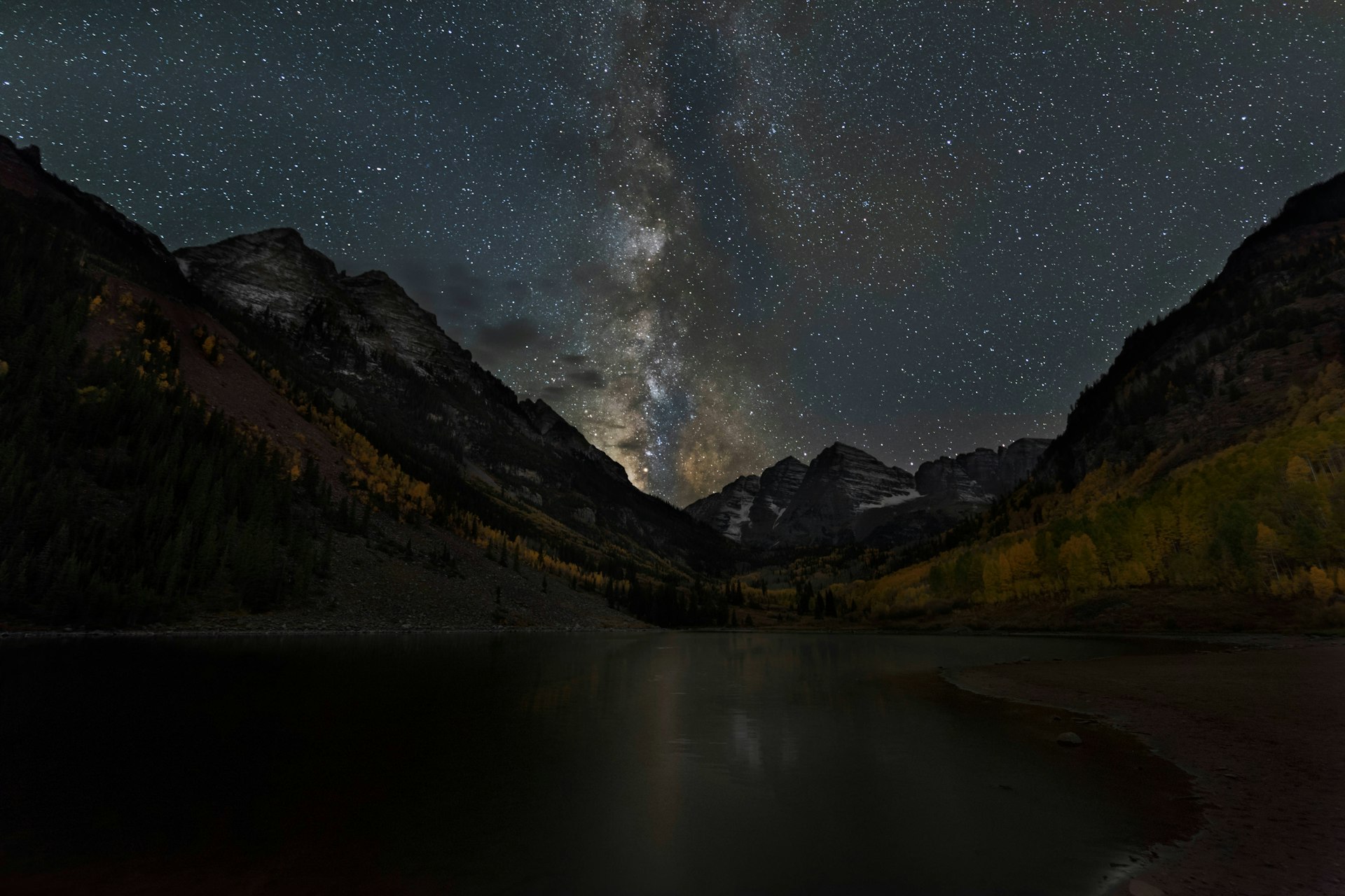 USA, Colorado, White River National Forest. The Milky Way glows above Maroon Bells at night.