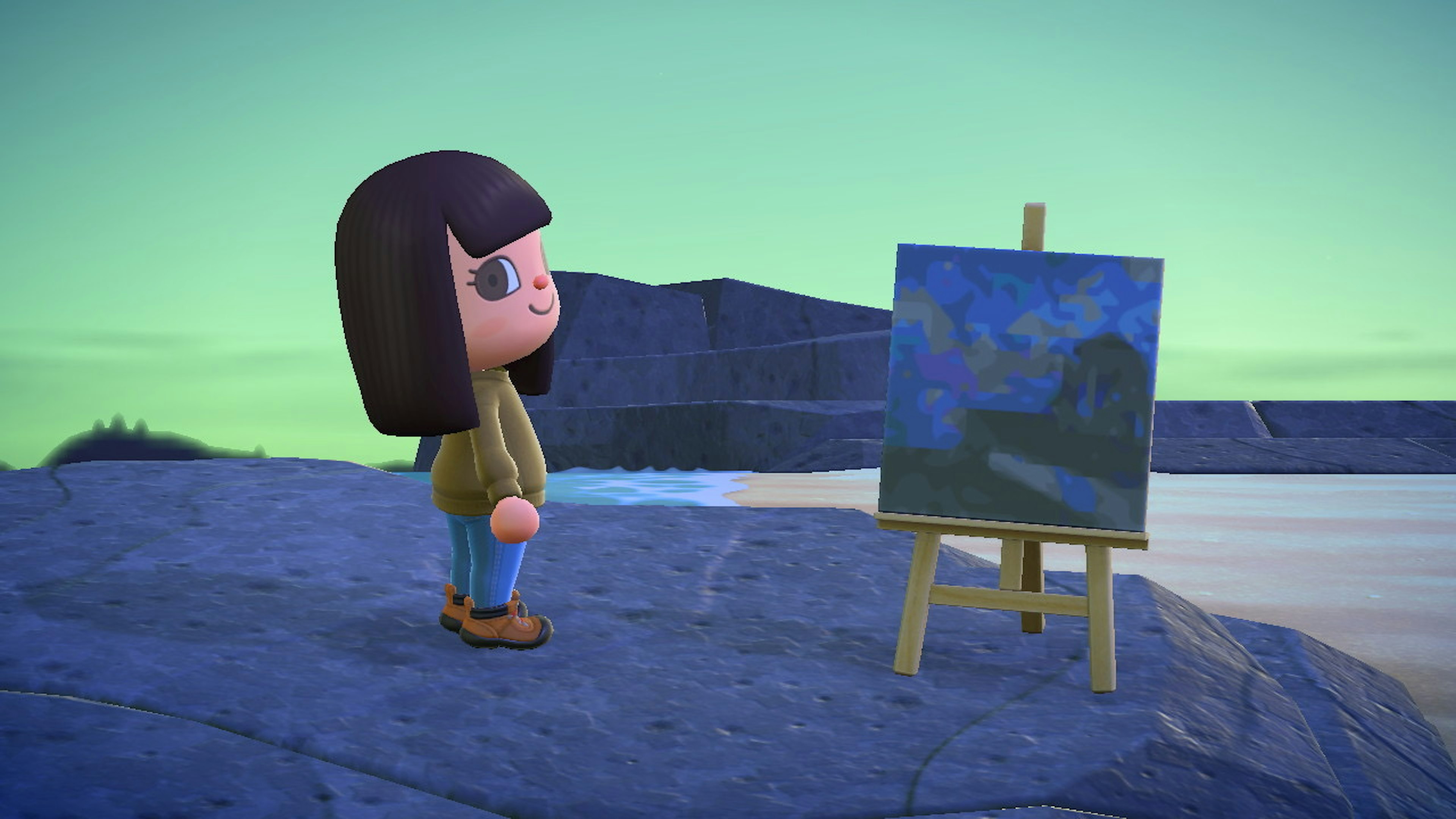 A screenshot of a girl with an easel in Animal Crossing