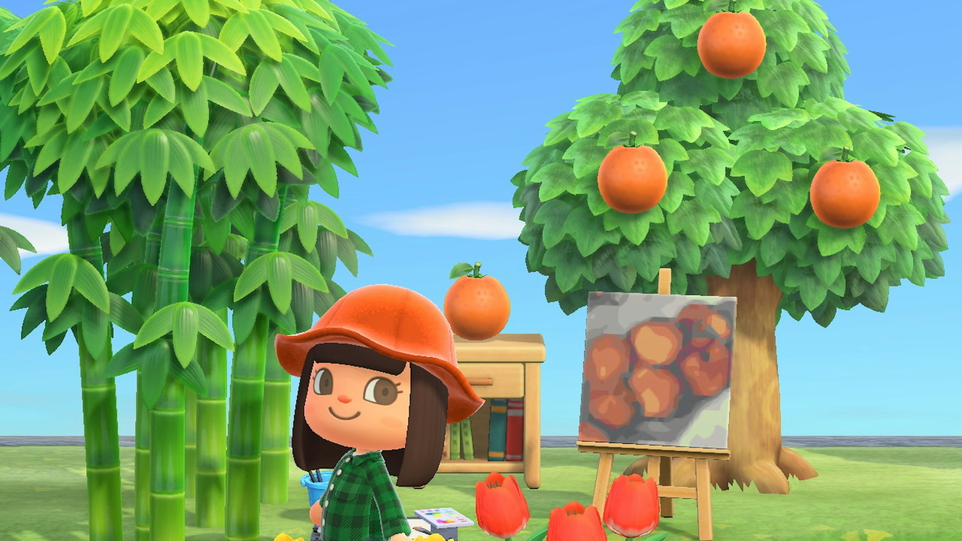 A screenshot of a girl standing in front of an orange tree with an art easel in Animal Crossing