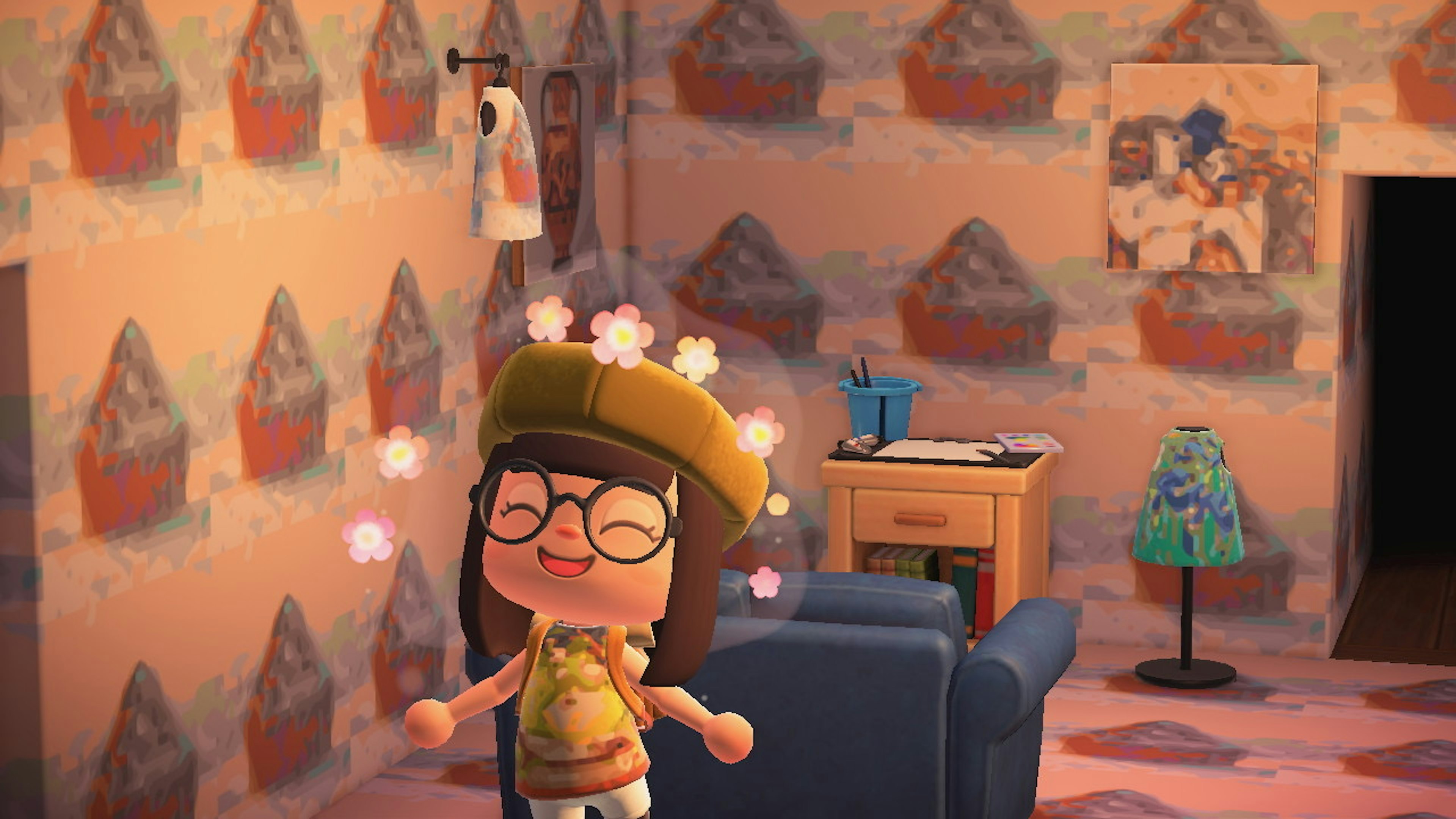 A screenshot of a girl in a lounge in Animal Crossing