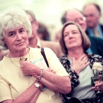 Welsh author Jan Morris pictured at the 1998 Hay Festival Hay on Wye Powys Wales UK