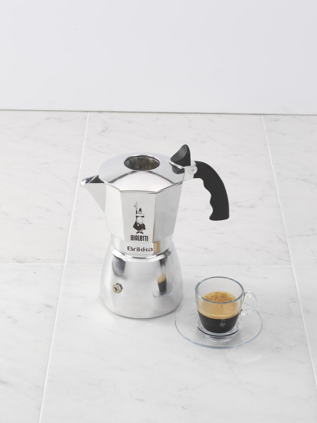 A product shot of the Bialetti Brikka, a stovetop coffee maker
