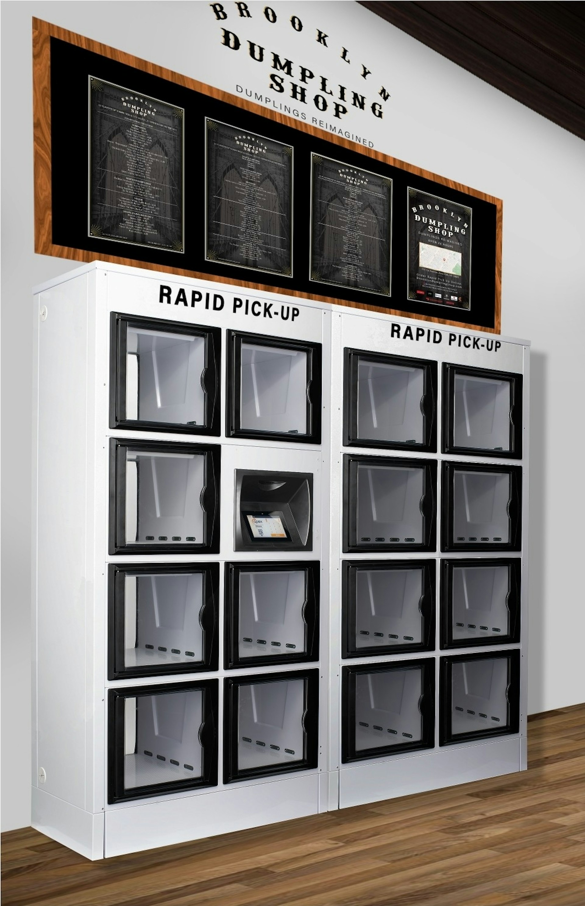 A rendering of the rapid pickup system at Brooklyn Dumpling Shop 