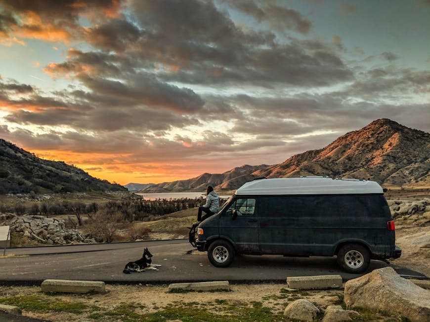 A camper van parked at a viewpoint in California