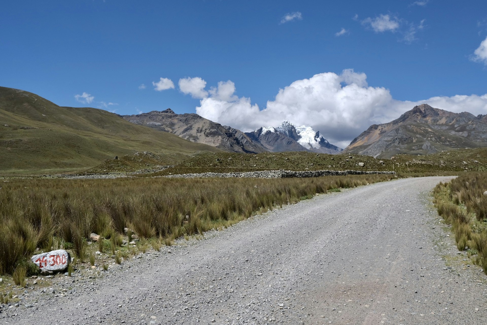 A gravel road cuts through rough grassland heading up towards a snow-covered mountain peak in the distance