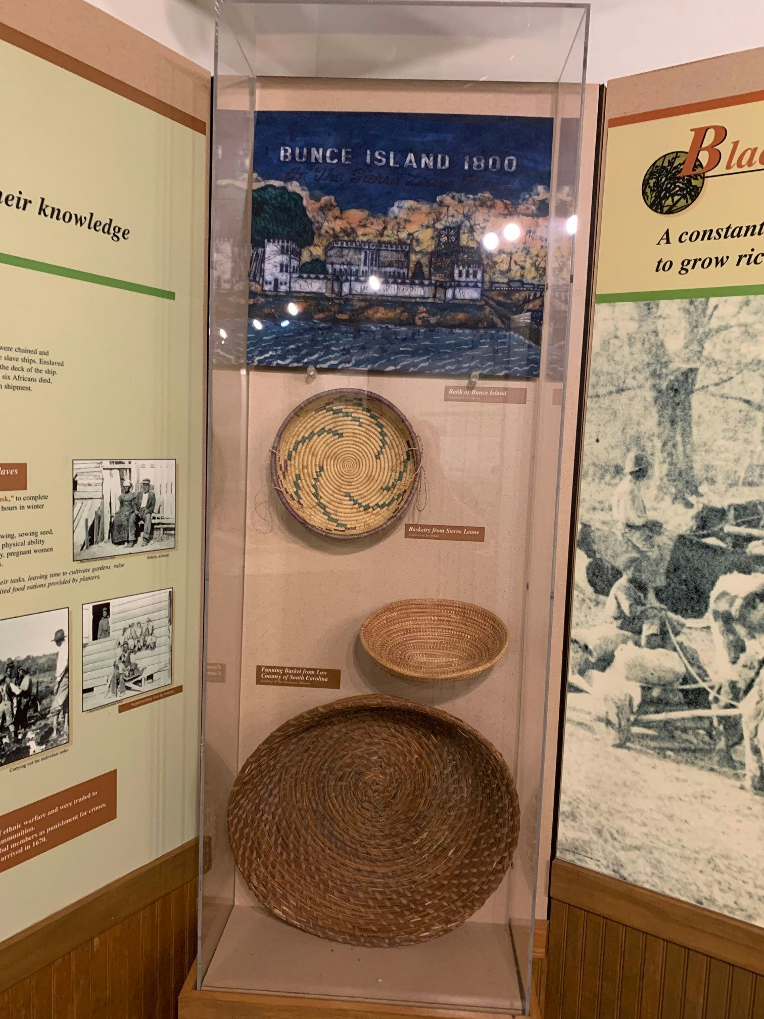 Closeup of an exhibit highlighting Gullah woven baskets at the Caw Caw Interpretive Center  