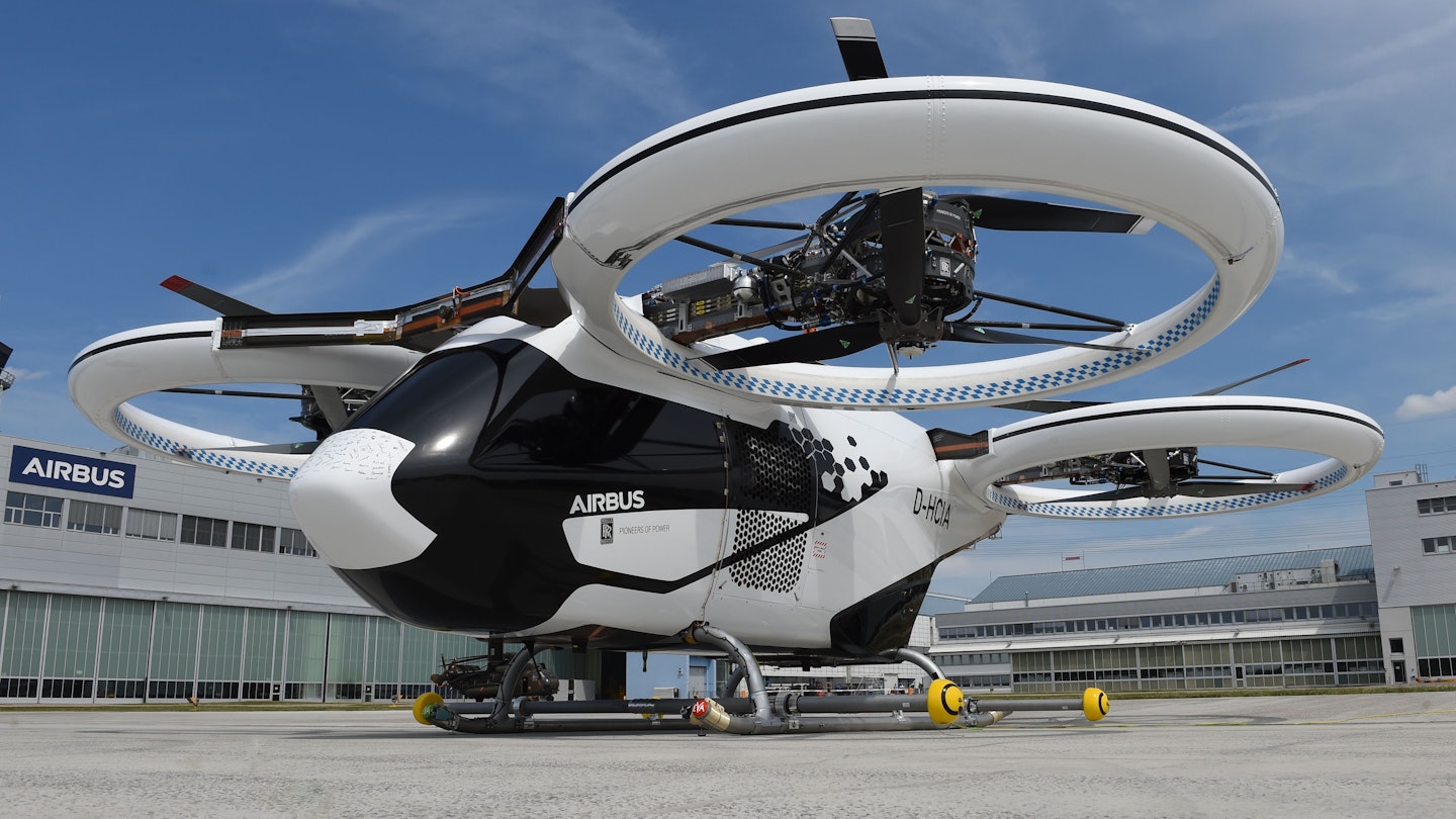 An electric helicopter city Airbus pictured during a presentation at the Airbus helicopters production site in Donauwoerth, southern Germany, on July 20, 2020. (Photo by Christof STACHE / AFP) (Photo by CHRISTOF STACHE/AFP via Getty Images)