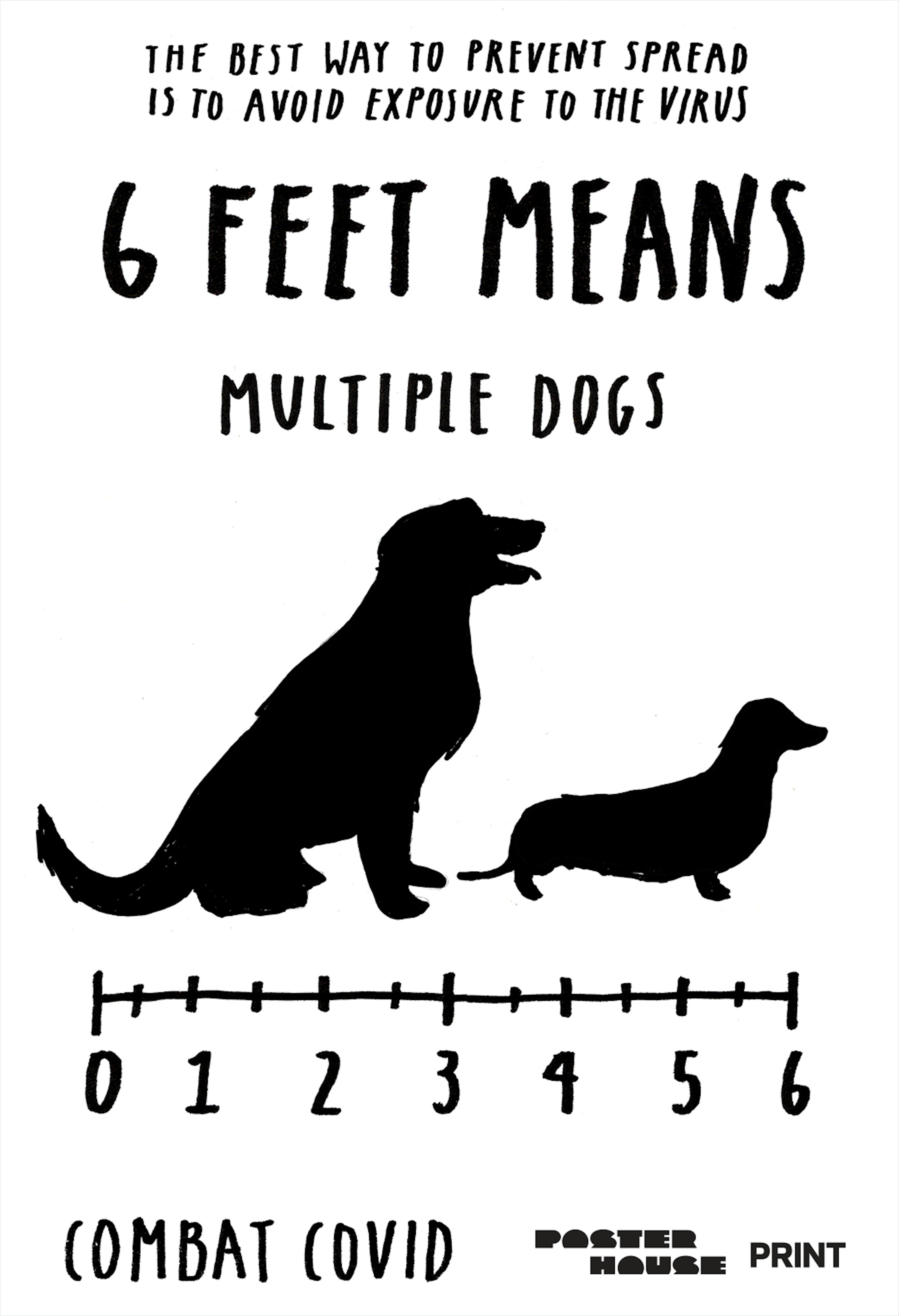 A black and white poster with line drawings of two dogs above a ruler, with the words