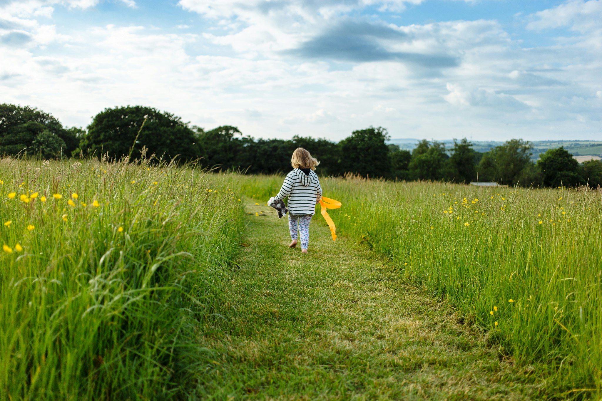 A preschool-aged child walks barefoot away from the camera down a path between wildflower fields