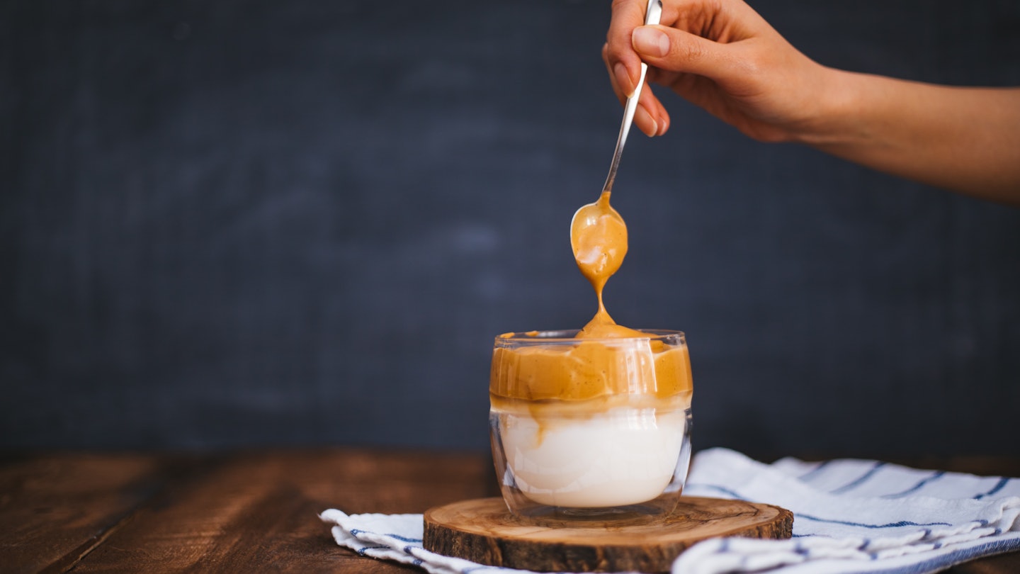 Iced Dalgona Coffee on wooden table