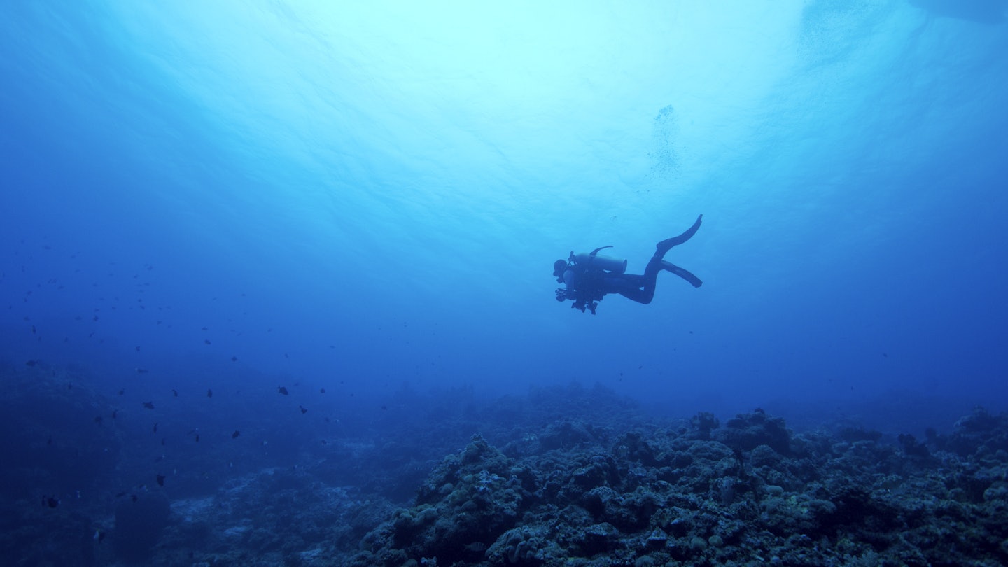 Lonely diver swimming in Layang Layang Island.