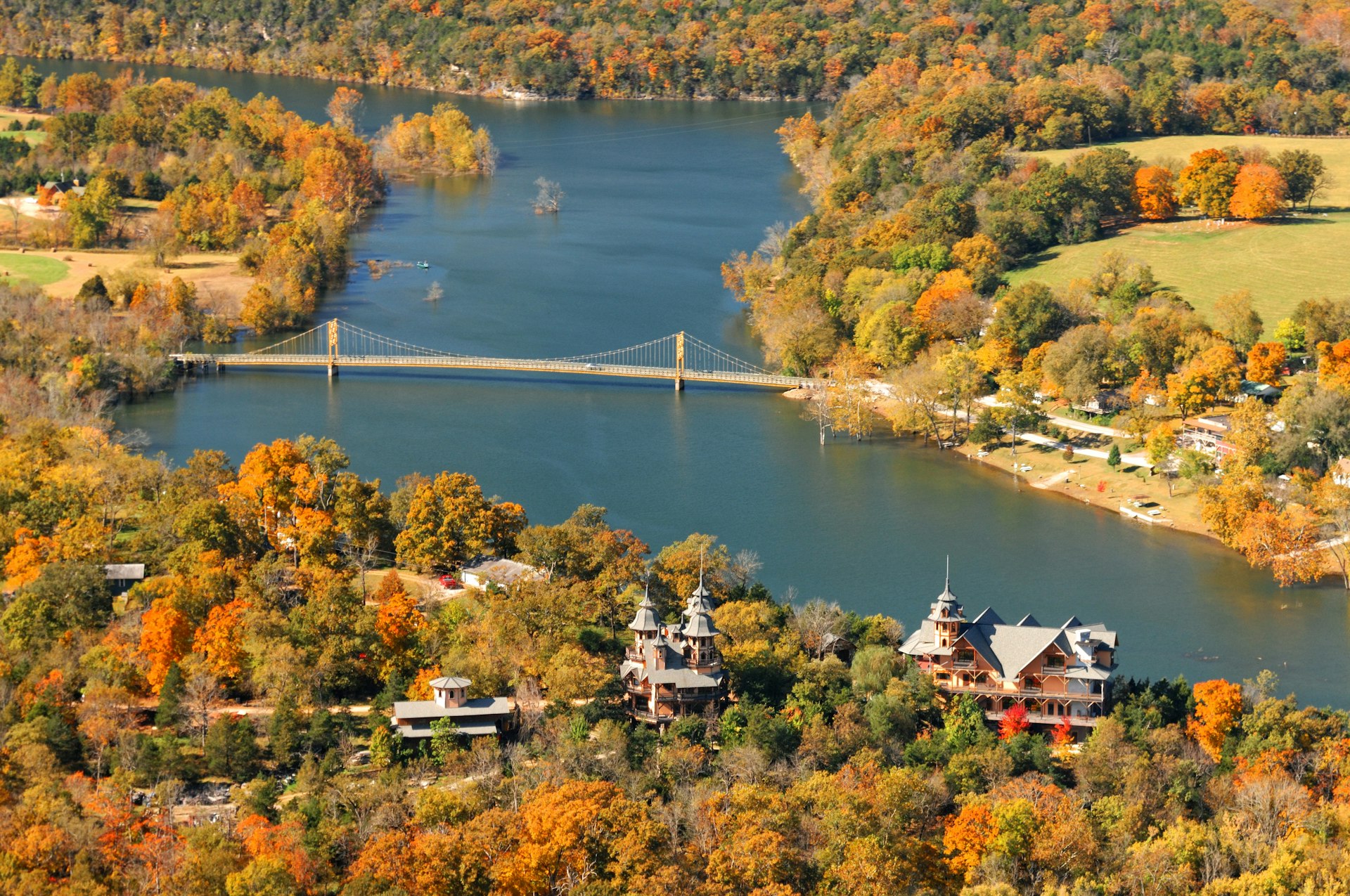 An aerial view of Eureka Springs, Arkansas, in autumn with colorful foliage