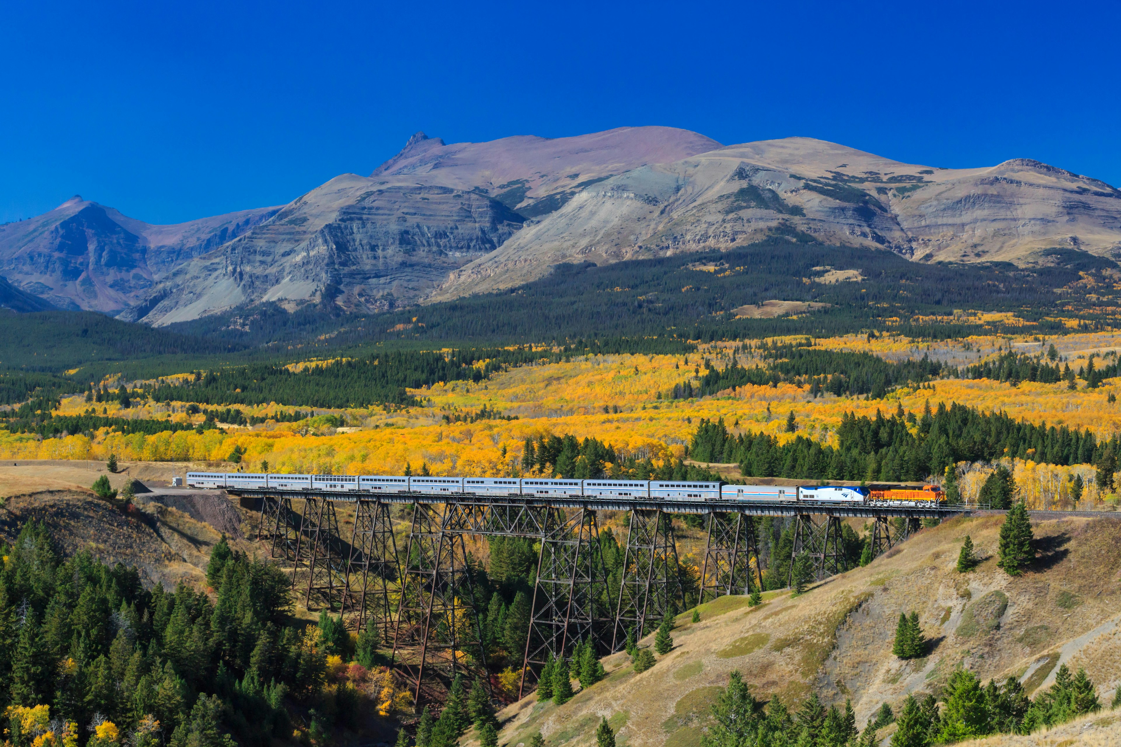 A passenger train crossing over trestle bridge in Glacier National Park