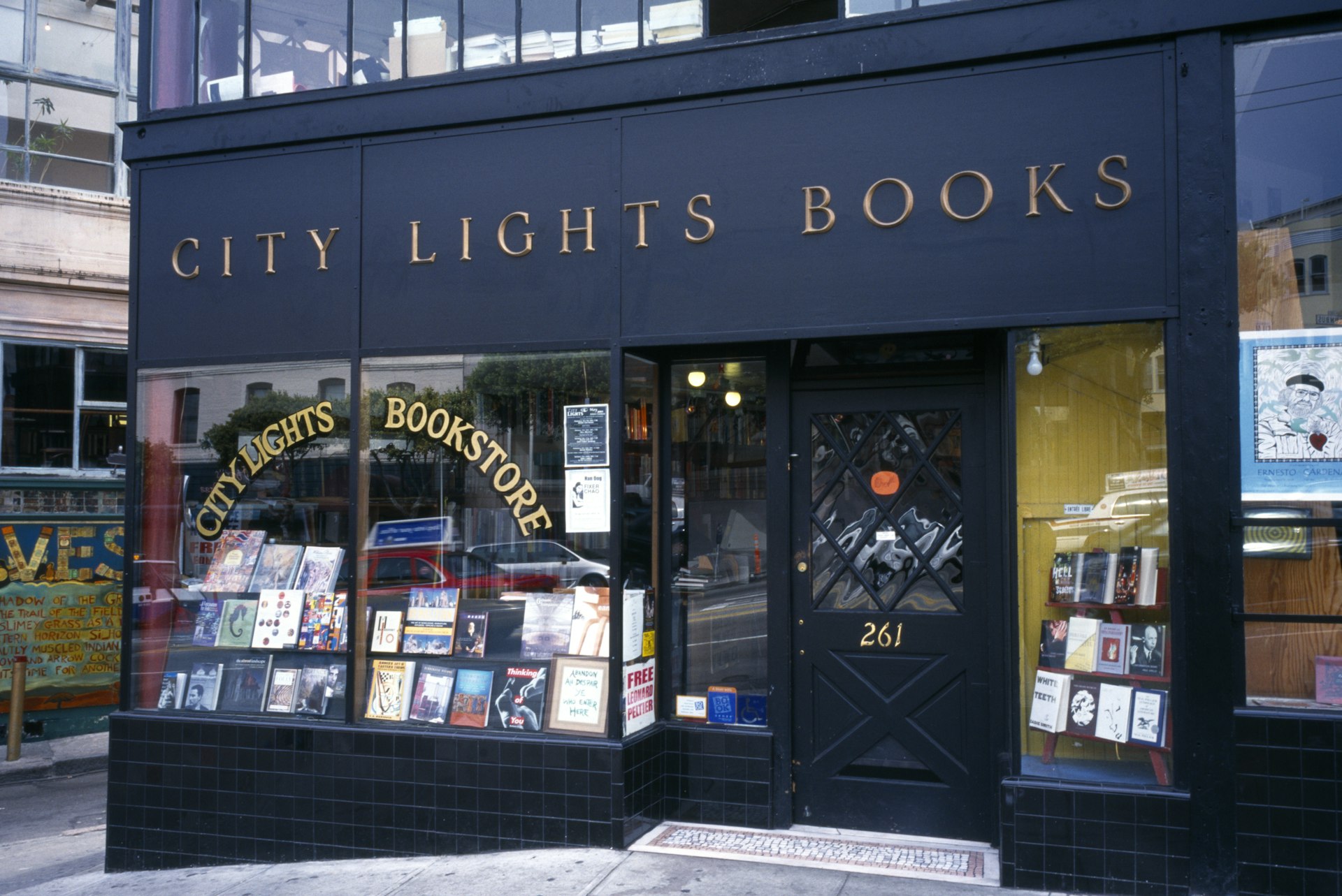 City Lights Bookstore on Columbus Avenue, the first paperback bookstore in America, opened in 1953 and frequented by authors of the Beat Generation.