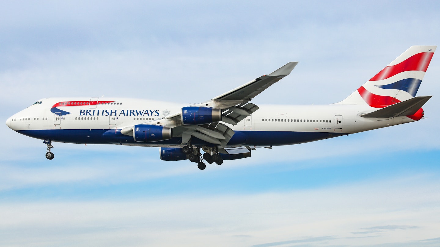 British Airways Boeing 747-400 with nickname Queen of the Skies commercial aircraft as seen on final approach with landing gear down landing at New York JFK John F. Kennedy International Airport in USA on 23 January 2020. The jumbo jet wide-body long haul airplane has the registration G-CIVR with 4x RR engines. BA is connecting capital of UK London LHR to New York City via Transatlantic flight. BAW Speedbird is the flag carrier airline of the United Kingdom member of Oneworld aviation alliance.  NY, USA (Photo by Nicolas Economou/NurPhoto via Getty Images)