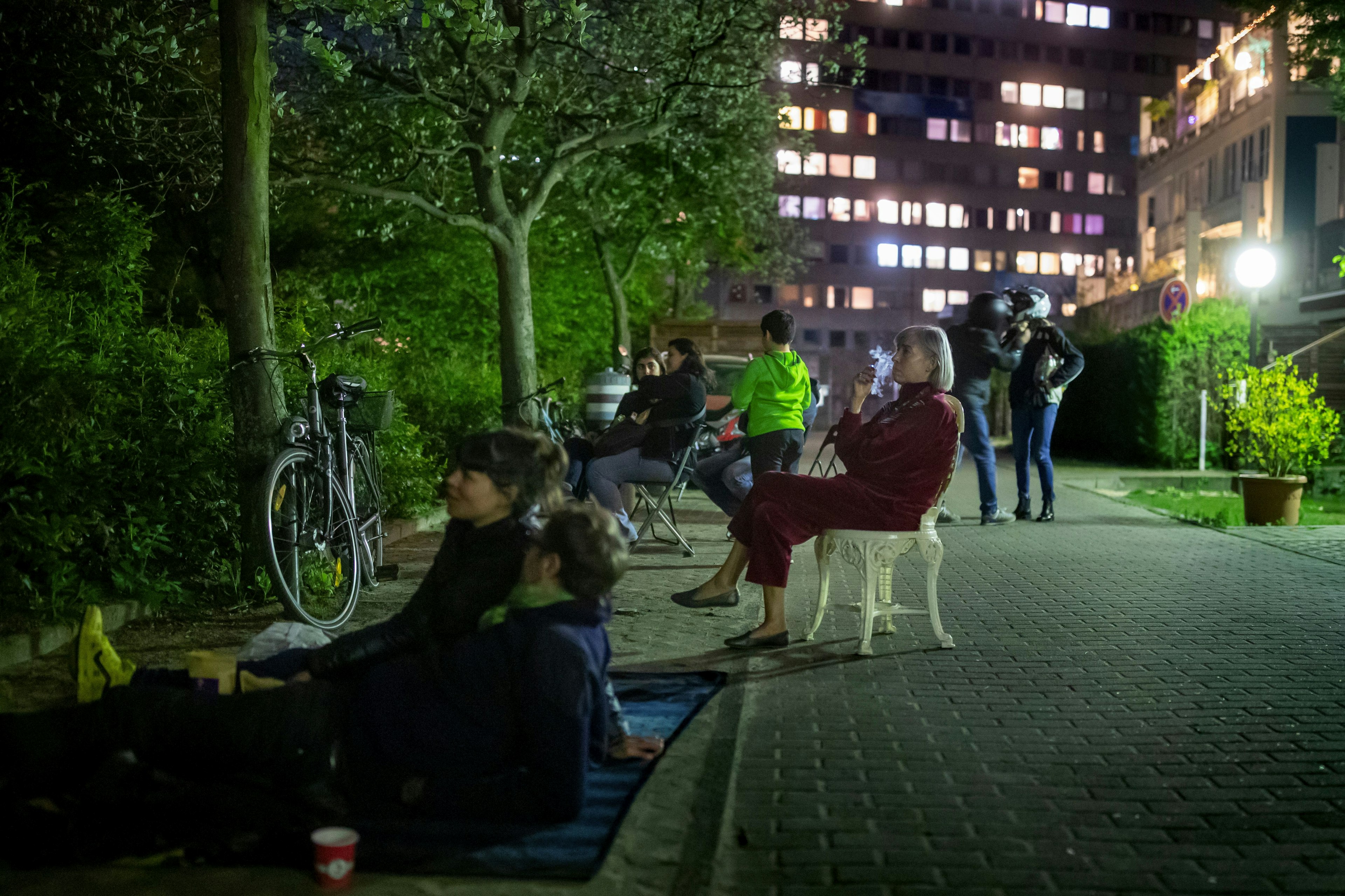 Residents watch the movie