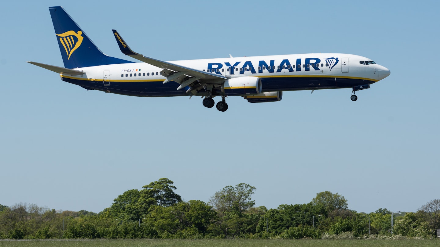 SOUTHEND ON SEA, ENGLAND - MAY 05: A Ryanair Boeing 737-800 with the tail number E1-GXJ comes into land at London Southend Airport on May 5, 2020 in Southend On Sea, England. (Photo by John Keeble/Getty Images)