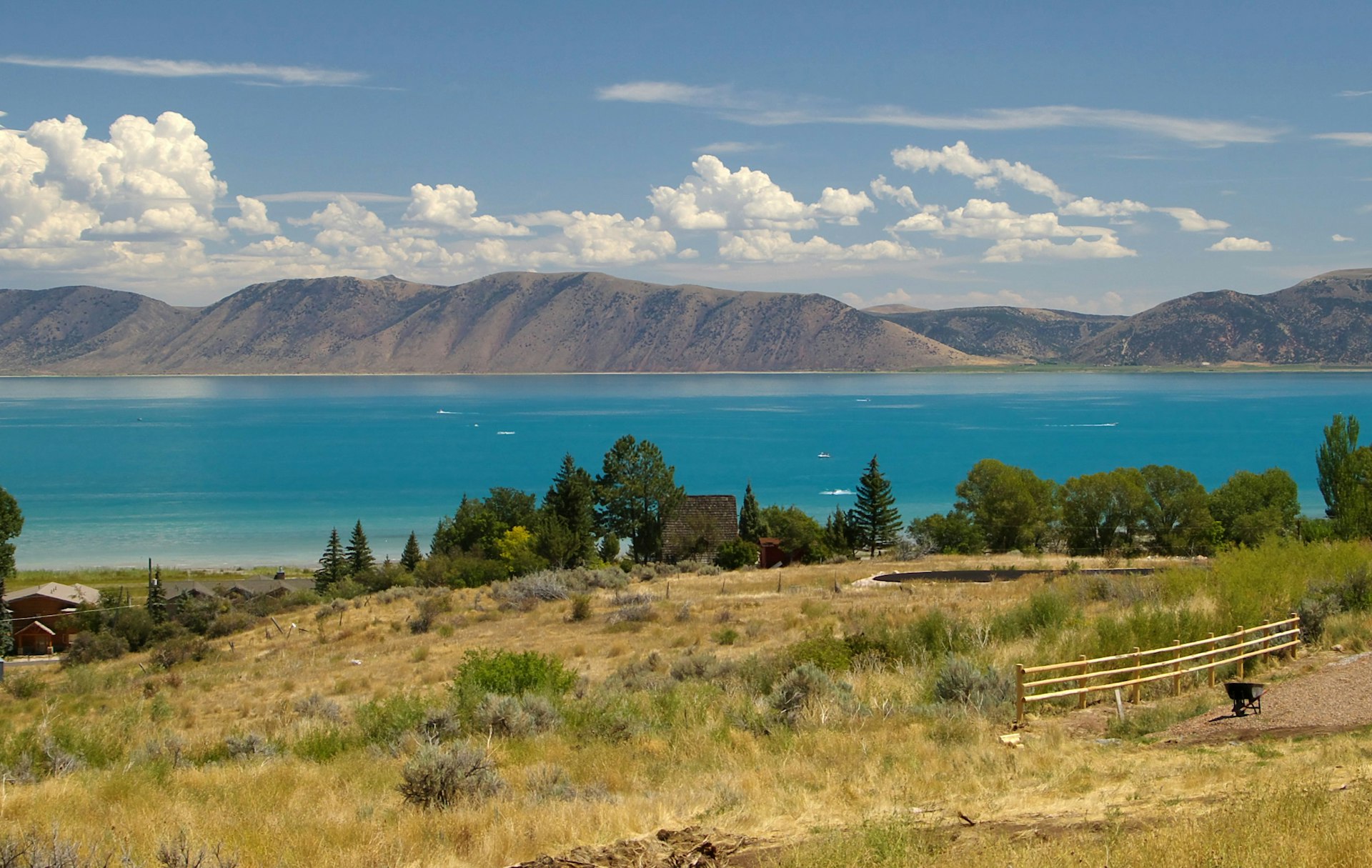 Meadow in front of the blue waters of Bear Lake, Utah