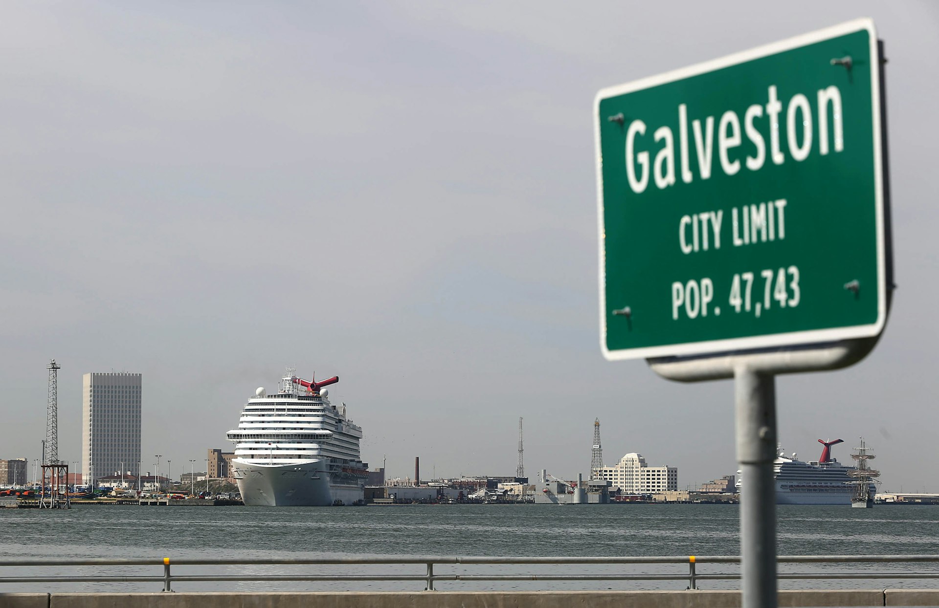 The Carnival Cruise Ship "Triumph" along with two other cruise ships sit in the Houston Port